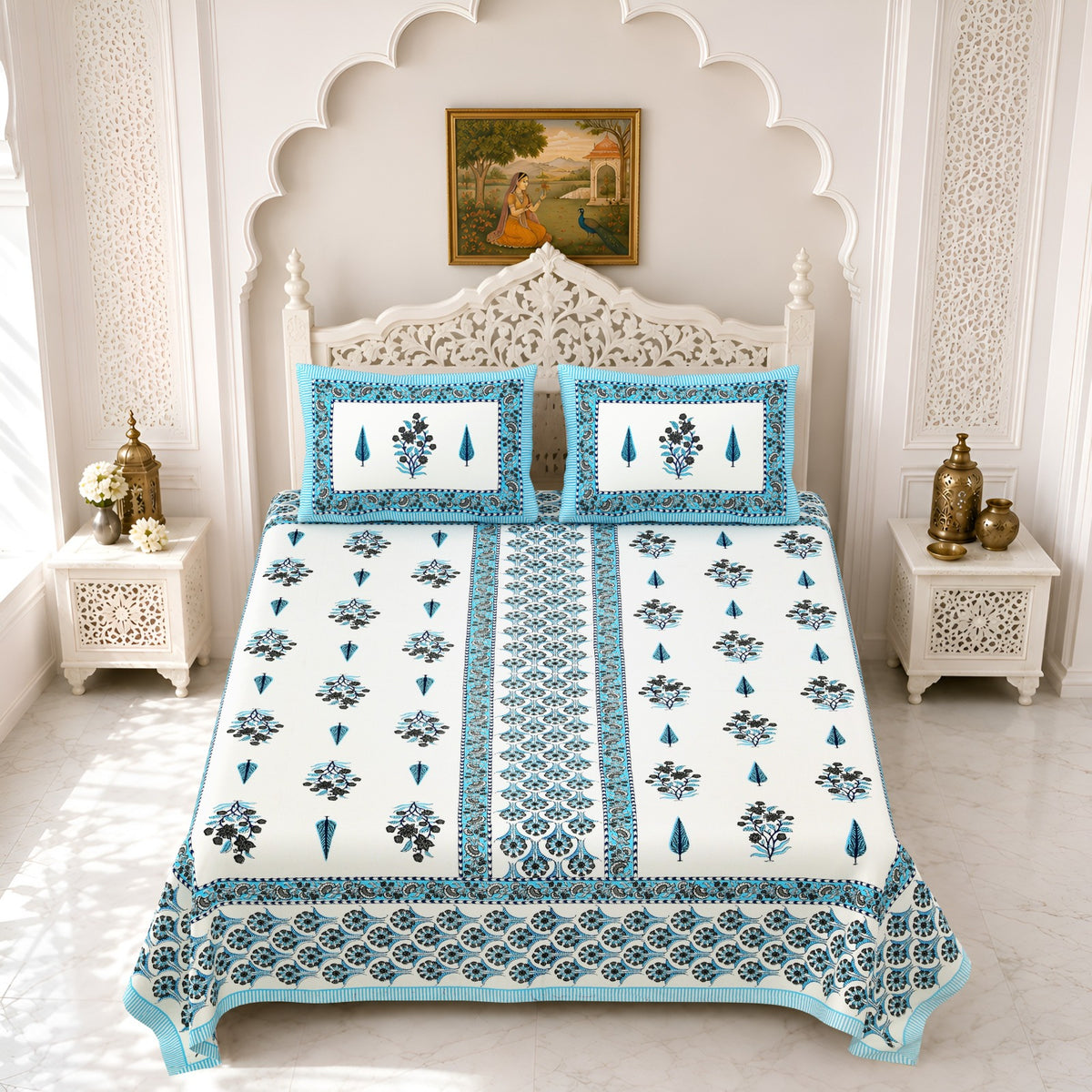 Premium Royal Block Aqua Panel Floral Cotton Double Bedsheet 90x108 with 2 Pillow Covers Bedsheet 1BIJ_G6Sf2DiAS4DNQRgmwuRRDJ8FQ0f4_w2000