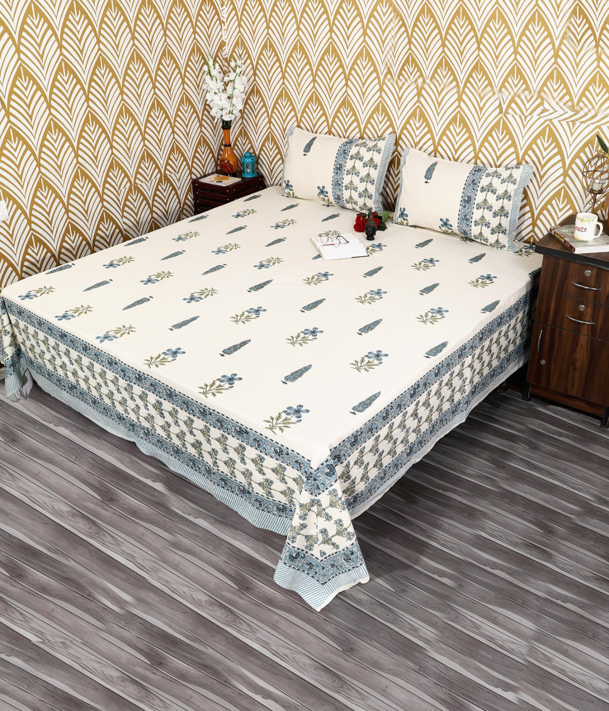 Prakriti Yuvraj Blue Cypress Border Pure Cotton King Size Bedsheet 108x108 with 2 Pillow Covers Bedsheet 1BIlZQZh7IfUPPZnWNQcTZpleOoqasN05_w2000