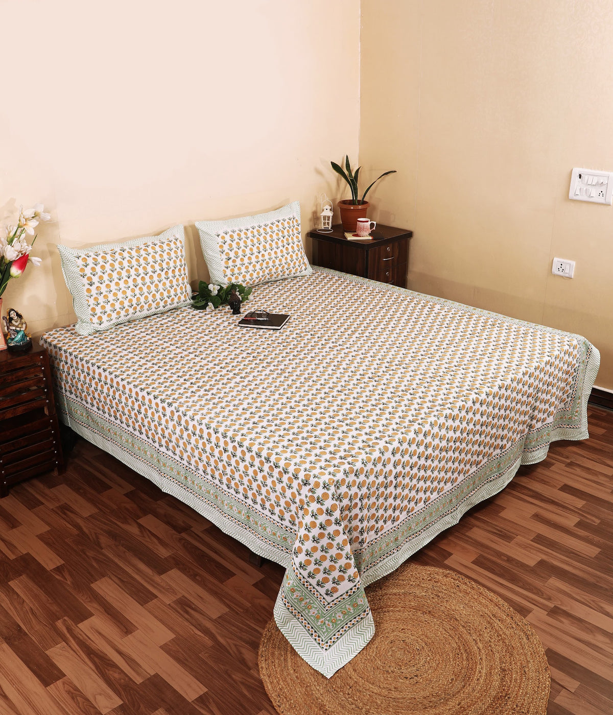 Genda Buti hand block printed Murugan cotton double bedsheet 95x108 with 2 pillow covers – mustard yellow – wholesale Jaipur – view 2