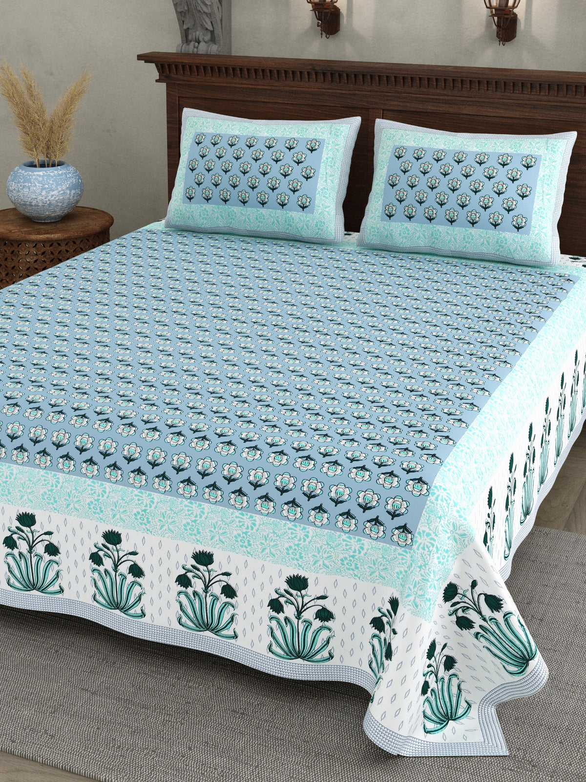 Neelam Aqua Flower Pot Border Cotton Double Bedsheet 90x108 with 2 Pillow Covers Bedsheet 1C454q44Wpqi7EKk5mwhN71DfVUYfcPgd_w2000