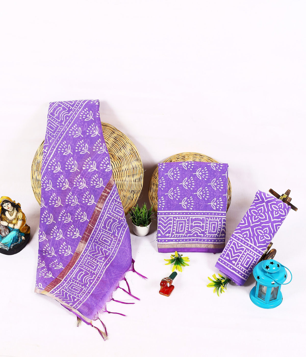 Baingani Chaukor Purple Geometric Buta Chanderi silk hand block print suit material