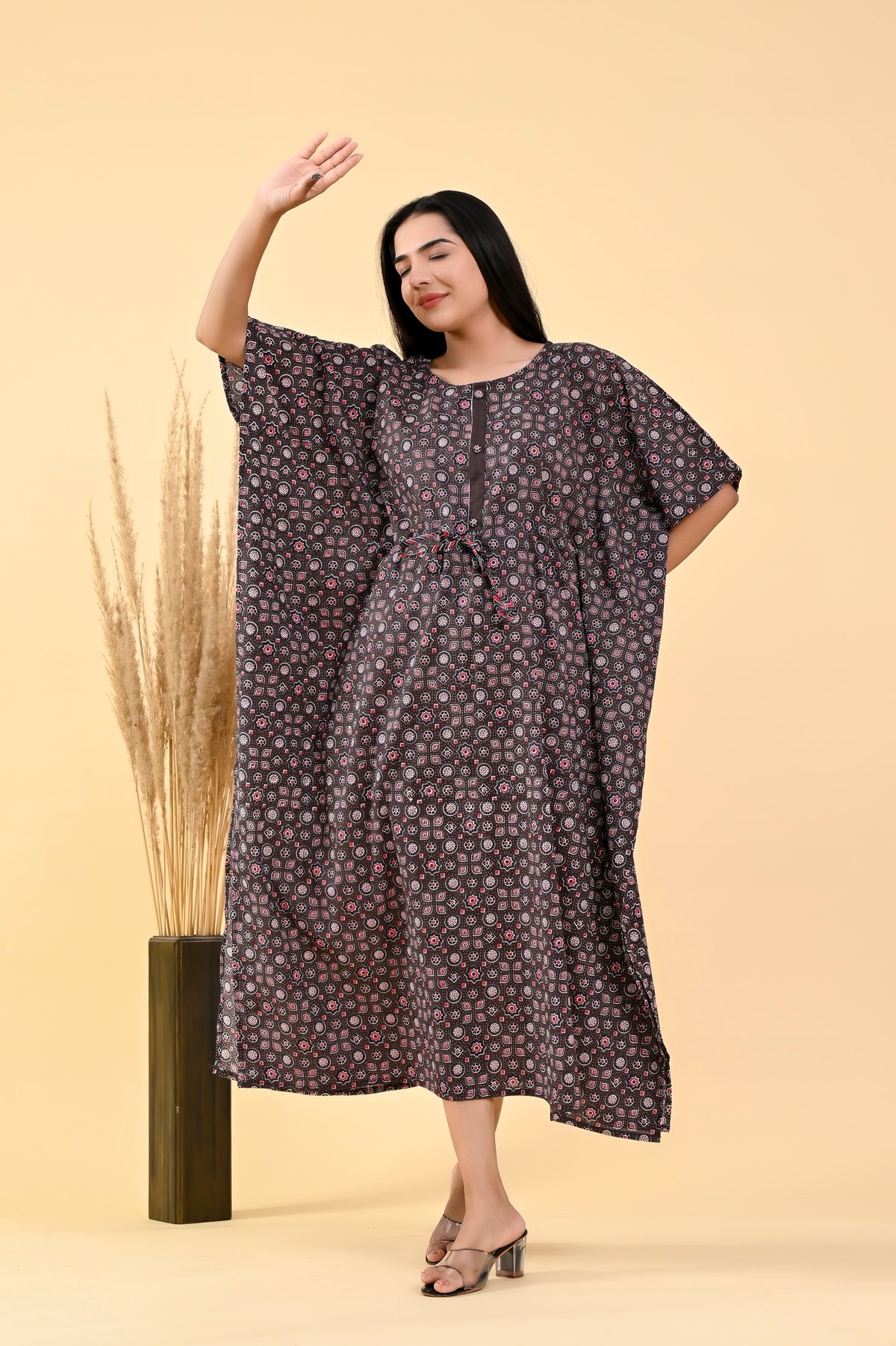 Charcoal Floral long kaftan – make to order wholesale – view 3