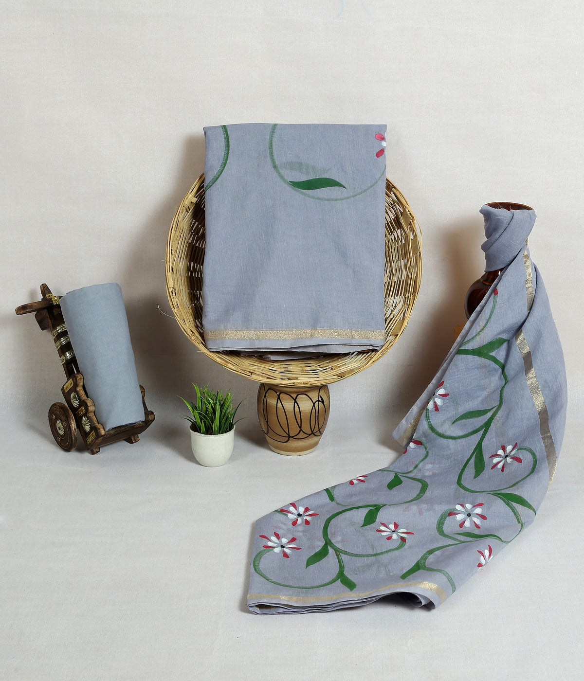 Saleti Rang Phool Grey Painted Floral Chanderi silk hand-painted suit material