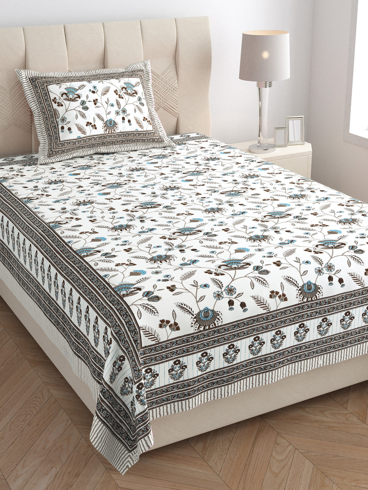 Elora Charcoal Floral Vine Murugan cotton single bedsheet 60x90 with pillow cover – charcoal – wholesale Jaipur