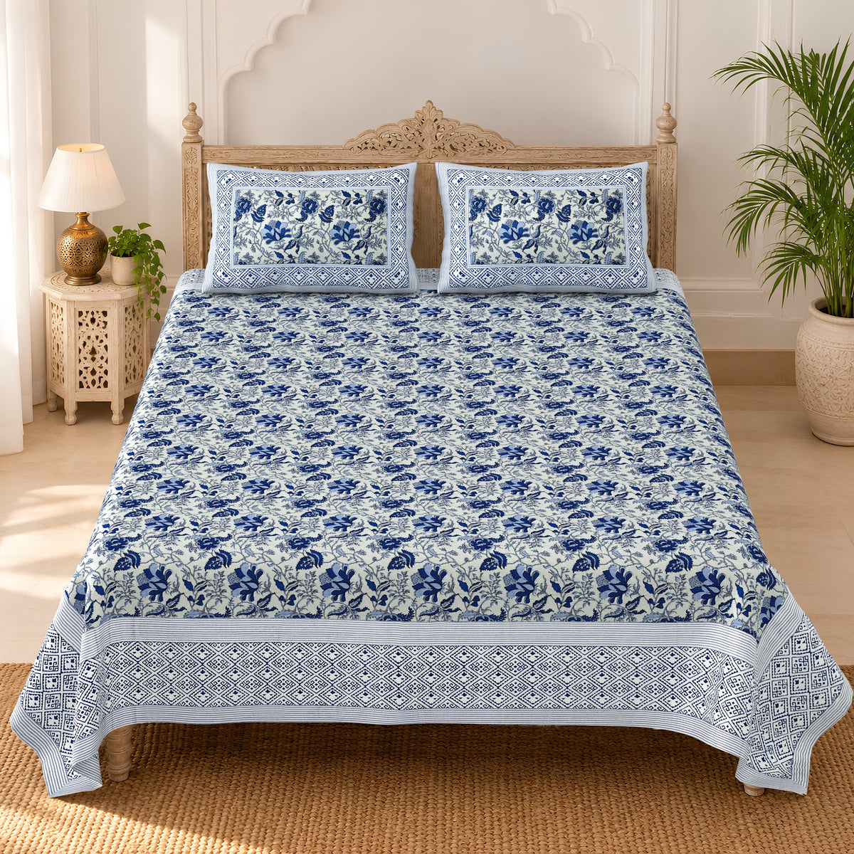 Indigo Floral Bel pure cotton double bedsheet 90x108 – Unnati collection