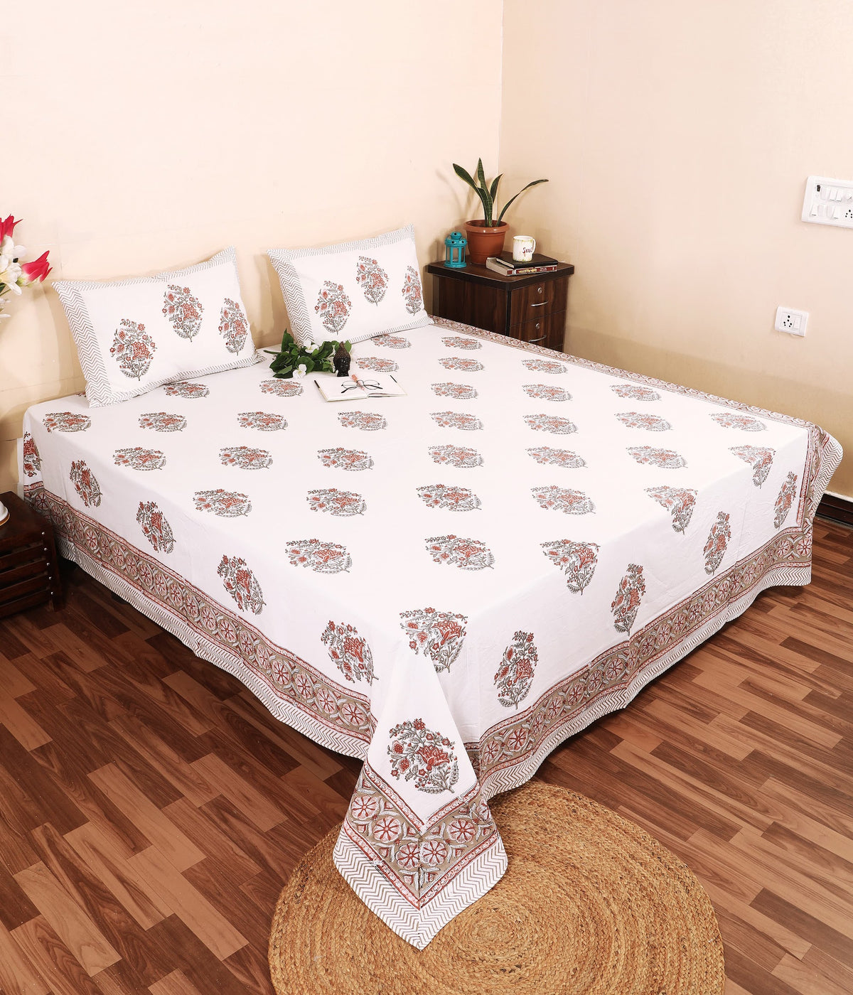 Peach Guldasta Hand Block Printed Murugan Cotton Double Bedsheet 95x108 with 2 Pillow Covers Bedsheet 1CVu2N2ZCkAeP5_aRLwREm81e56EWOoKr_w2000