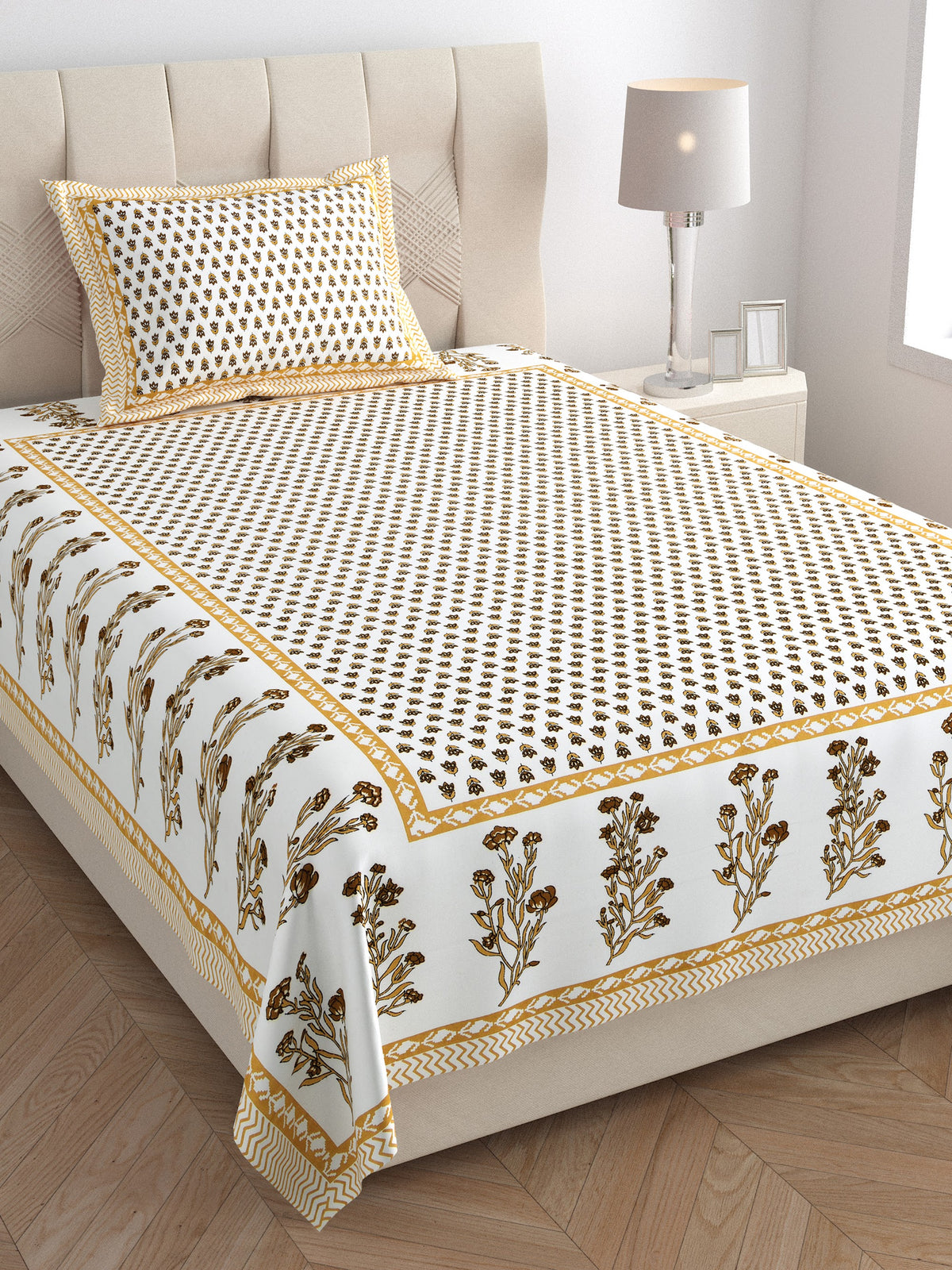 Elora Mustard Buti Border Murugan cotton single bedsheet 60x90 with pillow cover – mustard – wholesale Jaipur