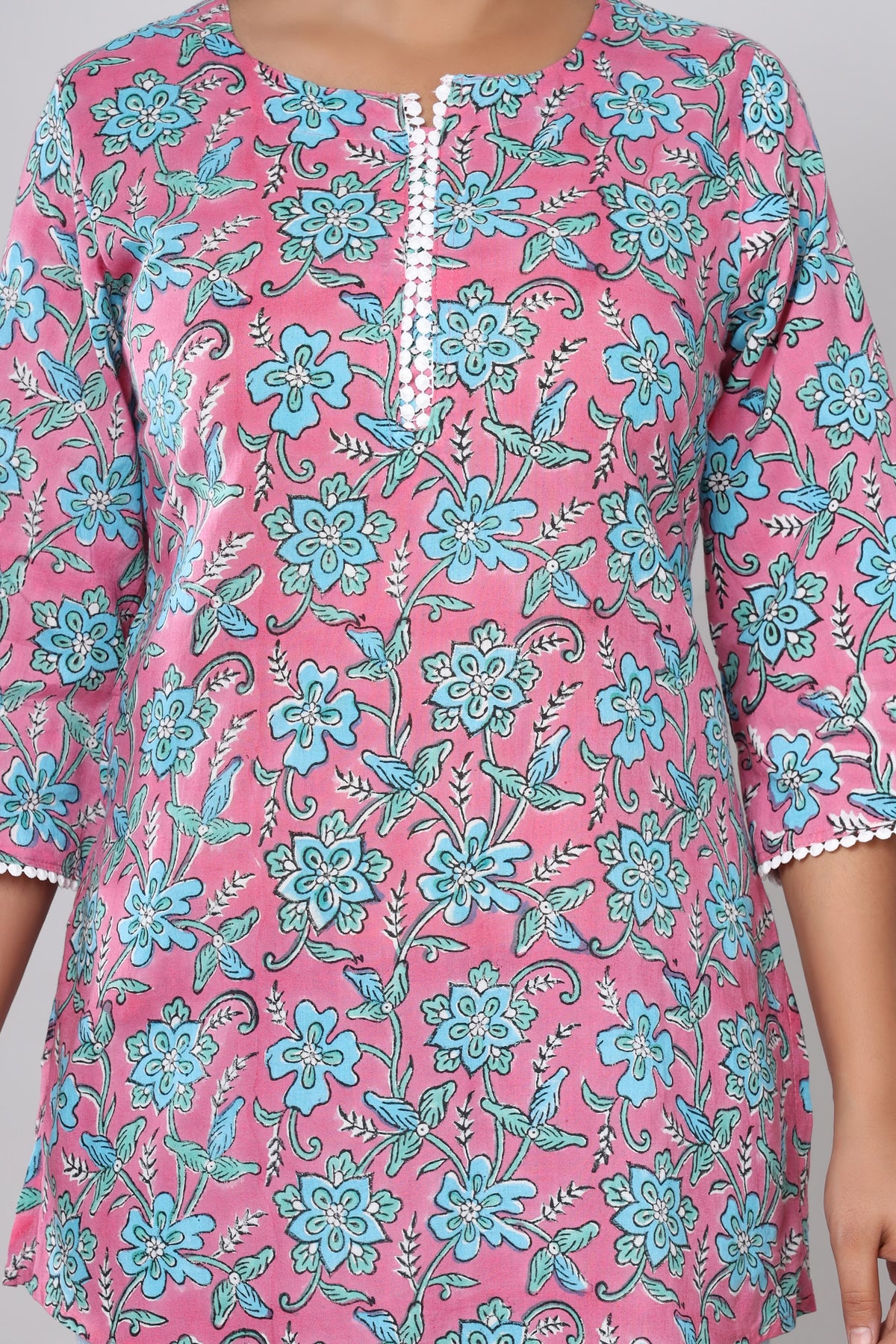 Pink Aqua Floral hand block short kurti – make to order wholesale – view 6