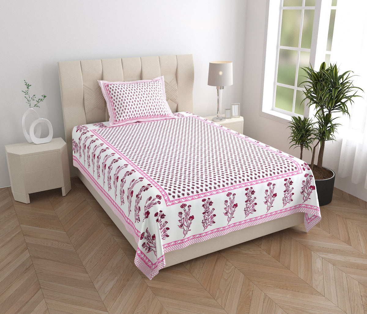 Elora Pink Buti Border Murugan Cotton Single Bedsheet 60x90 with 1 Pillow Cover Bedsheet 1CvvVfwSiYPRN52L60UK0Mz9iLQGC_RWd_w2000