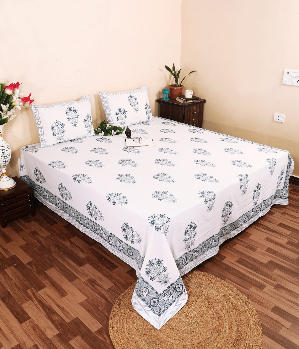 Mint Border Phool hand block printed Murugan cotton double bedsheet 95x108 with 2 pillow covers – blue grey – wholesale Jaipur – view 2