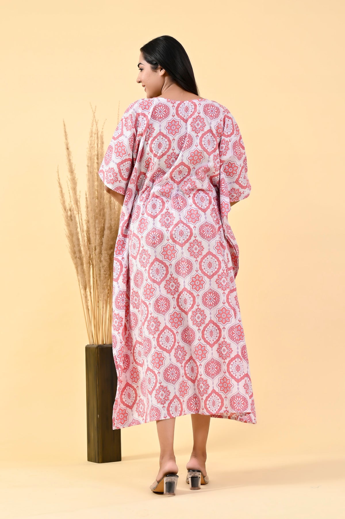 Pink White Booti long kaftan – make to order wholesale – view 2