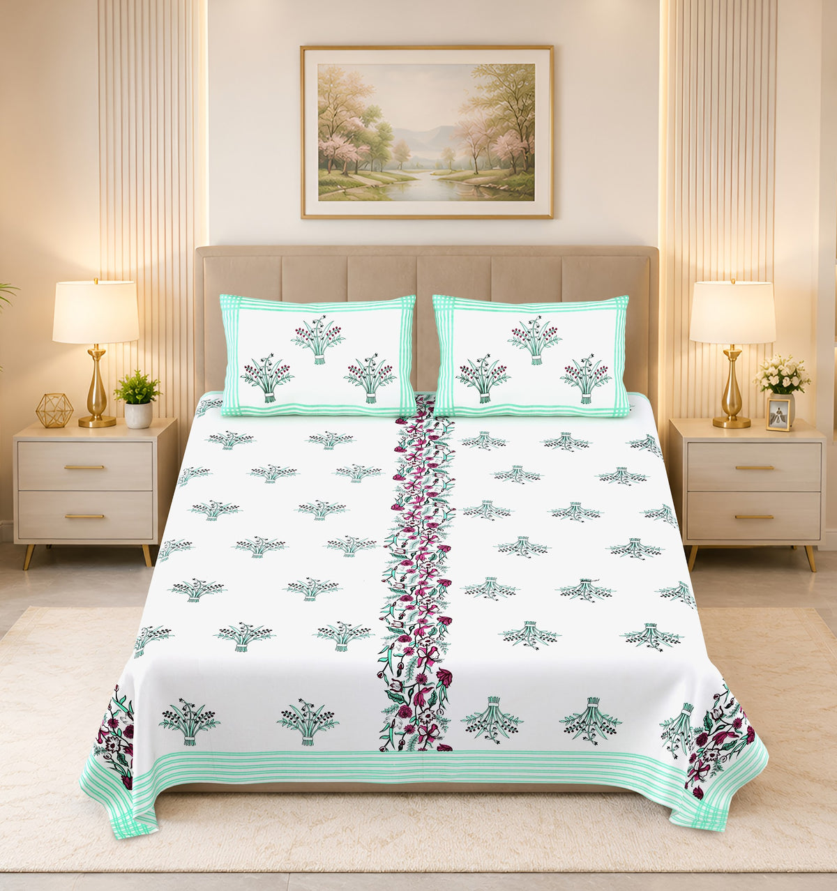 Kalashree Mint Border Floral Bel premium cotton double bedsheet 100x108 with 2 pillow covers – mint green and grey – wholesale Jaipur – view 4