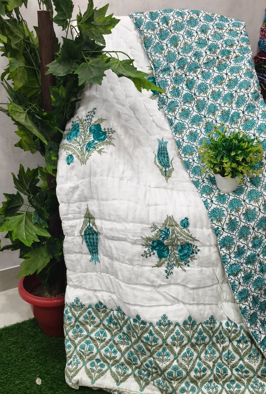 White Aqua Floral Buta Jaipuri Mulmul Razai – Reversible, Cotton Filled Razai 1DGiNgLNTzteX2mNR2WSLYNPgNaI8RLsI_w2000