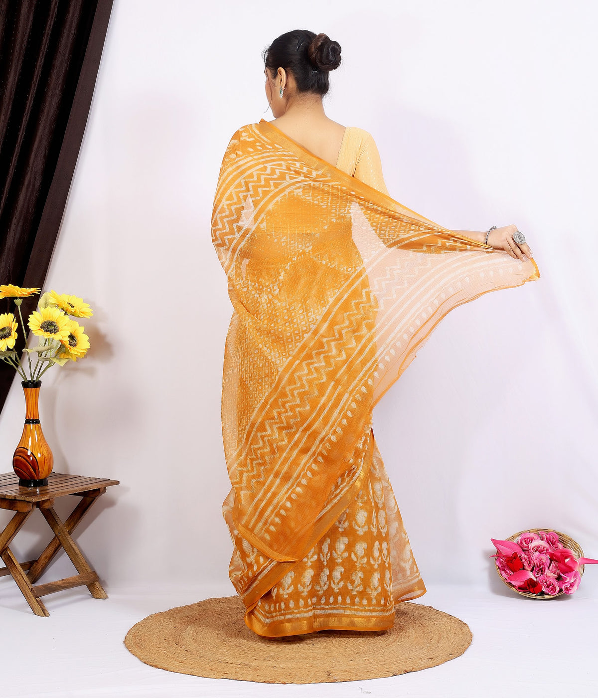 Orange Bagru Jaal Kota Doria bagru hand block print saree with blouse – orange – wholesale Jaipur – view 4