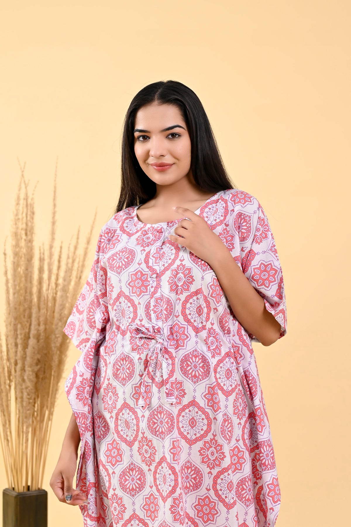 Pink White Booti long kaftan – make to order wholesale – view 5
