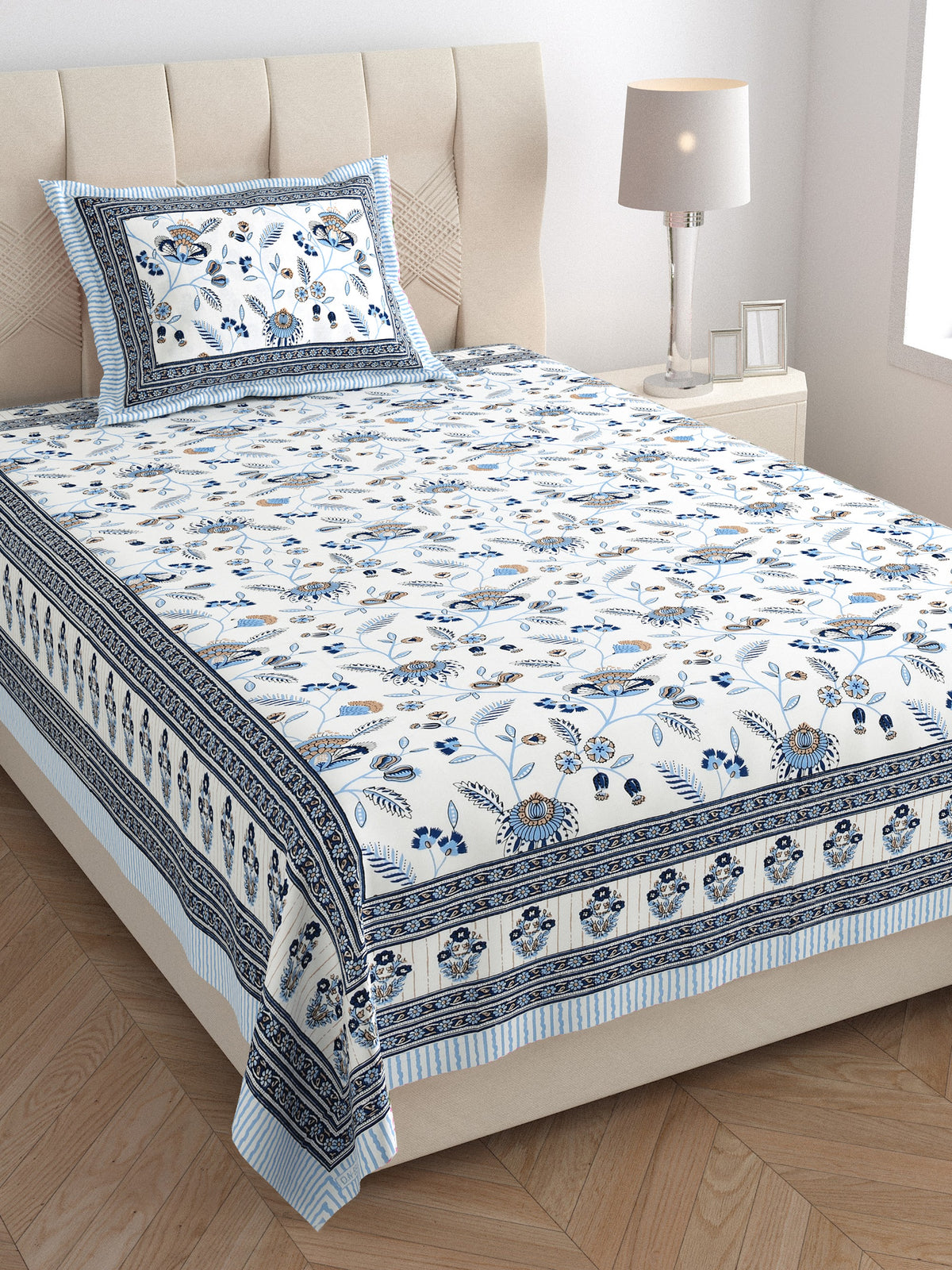 Elora Blue Floral Vine Murugan cotton single bedsheet 60x90 with pillow cover – blue – wholesale Jaipur