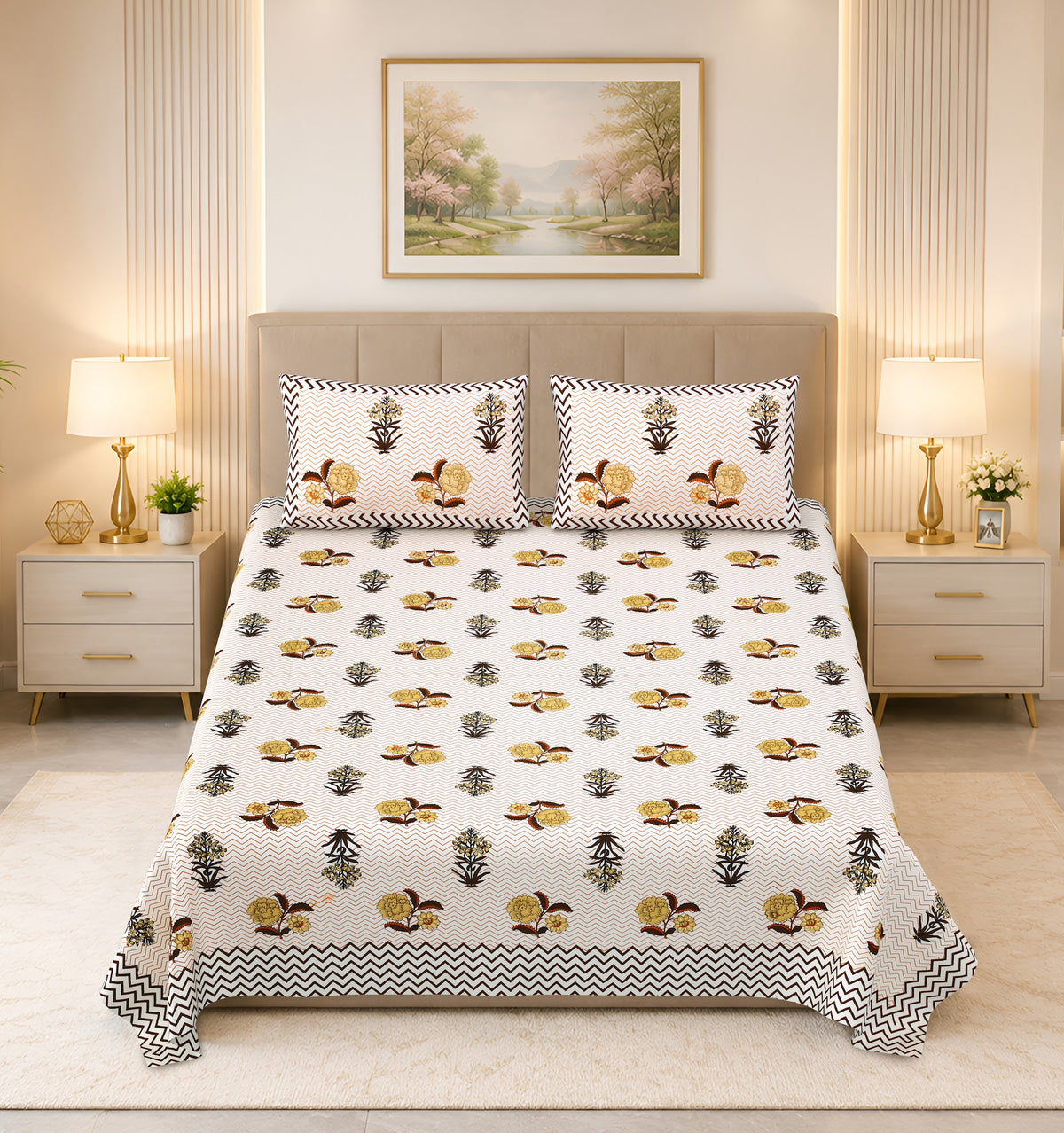 Kalashree Mustard Buta Chevron premium cotton double bedsheet 100x108 with 2 pillow covers – mustard and brown – wholesale Jaipur – view 4