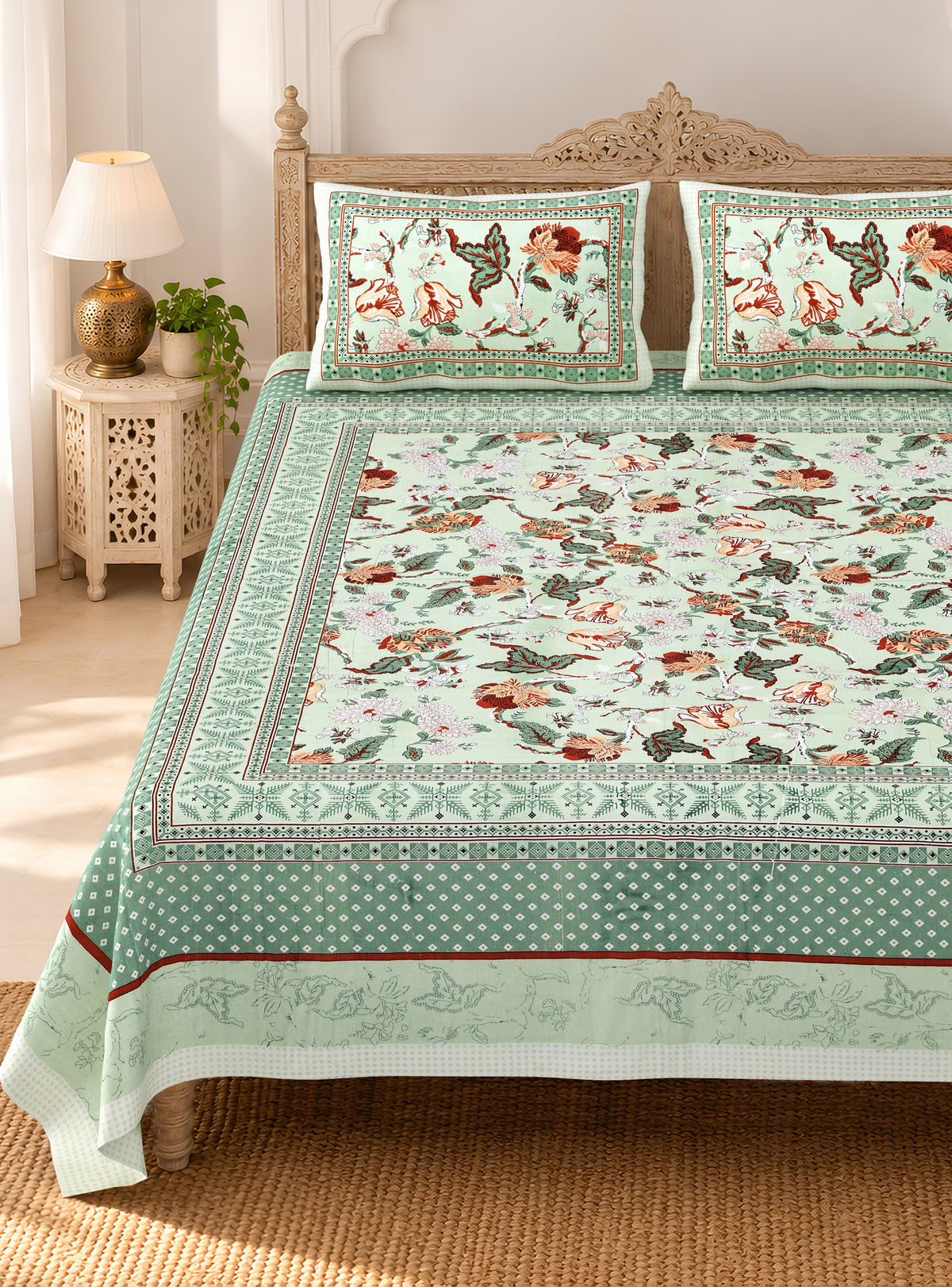 Unnati Sage Green Bird Floral Pure Cotton Double Bedsheet 90x108 with 2 Pillow Covers Bedsheet 1DmCbg1gb0z-IJN_JjrcrYPkEjgY38s3Q_w2000