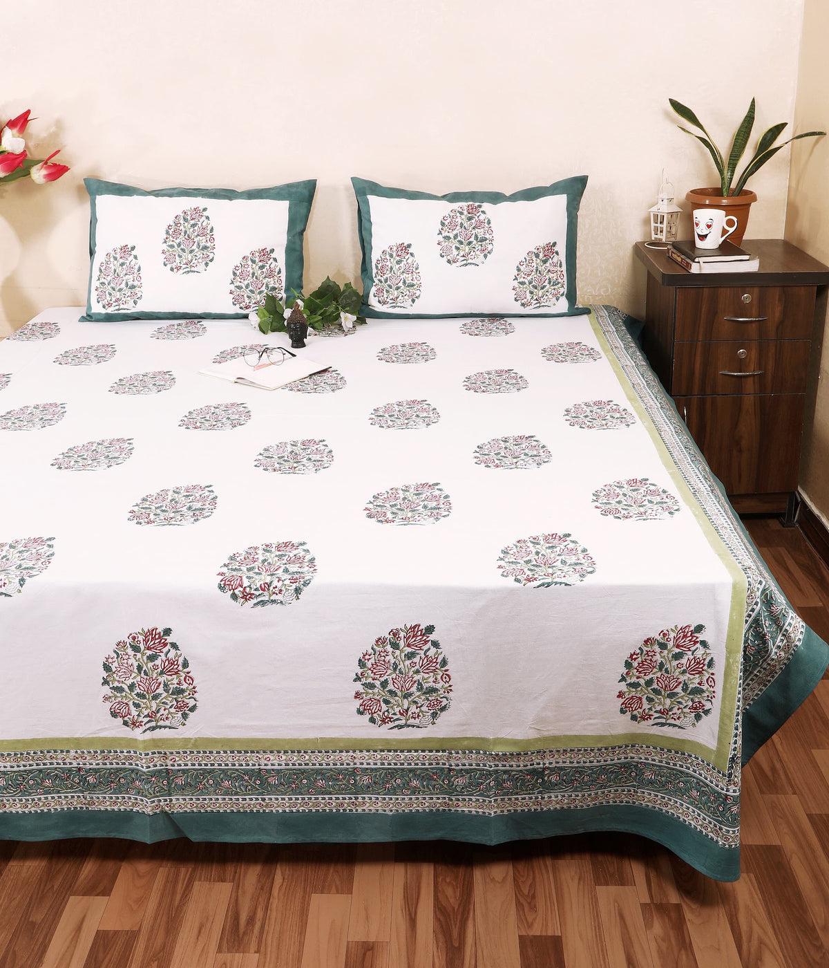 Teal Border Guldasta hand block printed Murugan cotton double bedsheet 95x108 with 2 pillow covers – pink, grey and teal – wholesale Jaipur