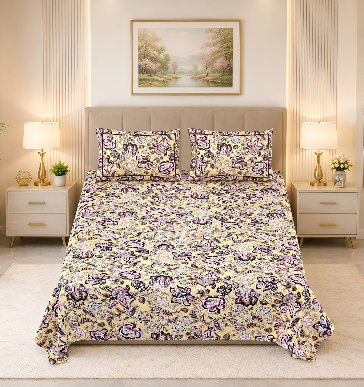 Kalashree Yellow Plum Floral Jaal premium cotton double bedsheet 100x108 with 2 pillow covers – yellow and plum – wholesale Jaipur