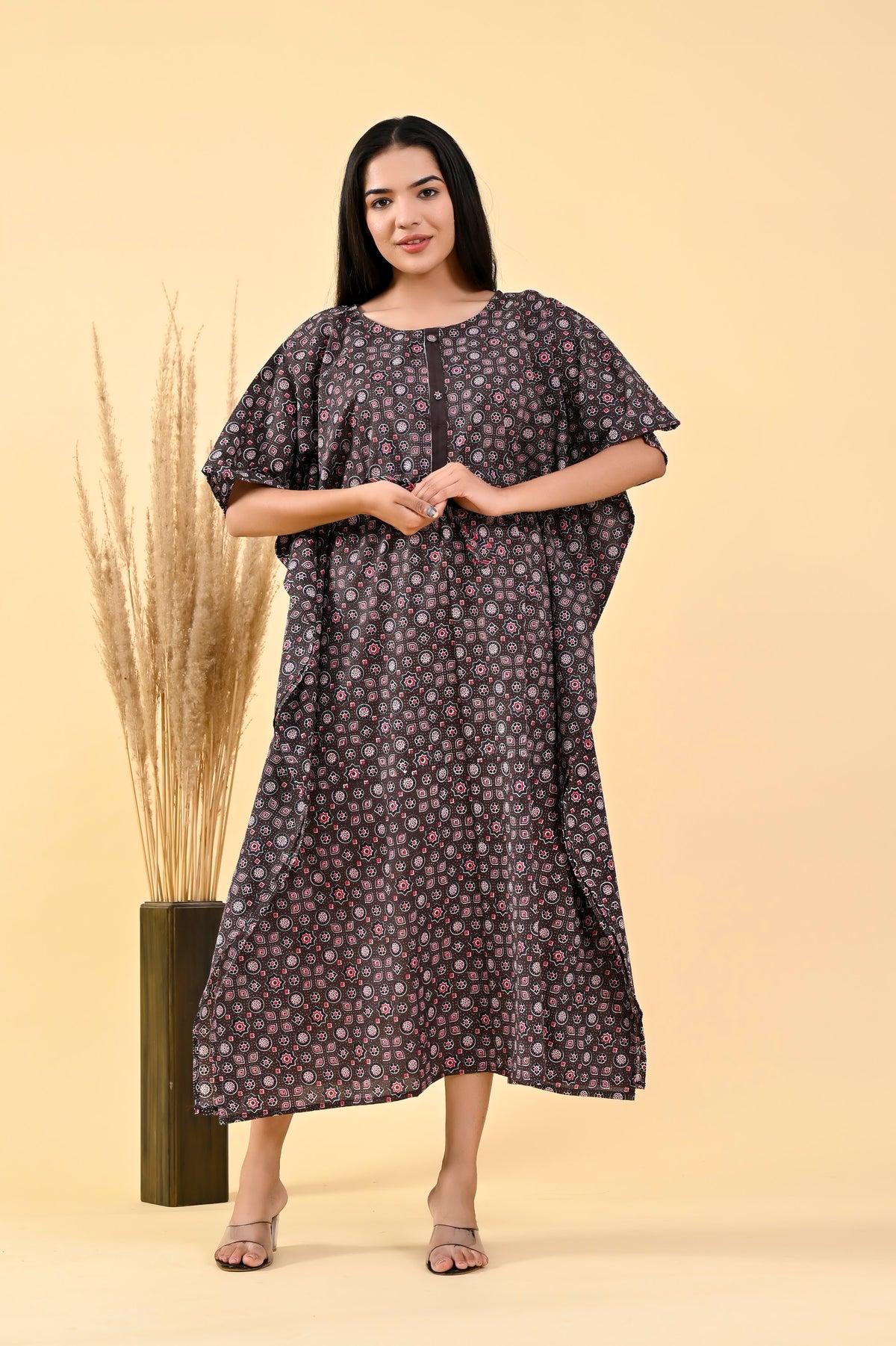 Charcoal Floral long kaftan – make to order wholesale