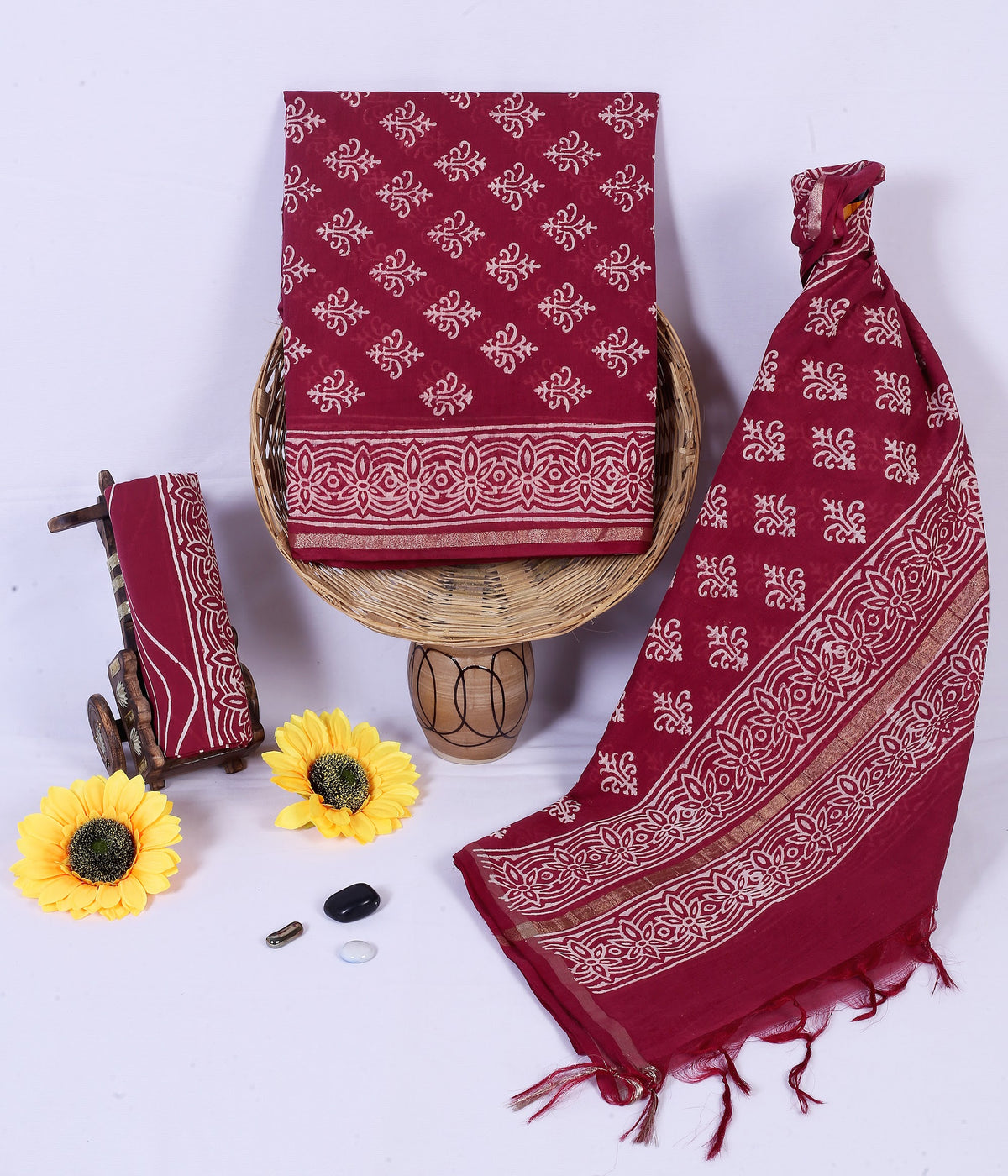 Sharabi Buta Wine Buta Chanderi silk hand block print suit material