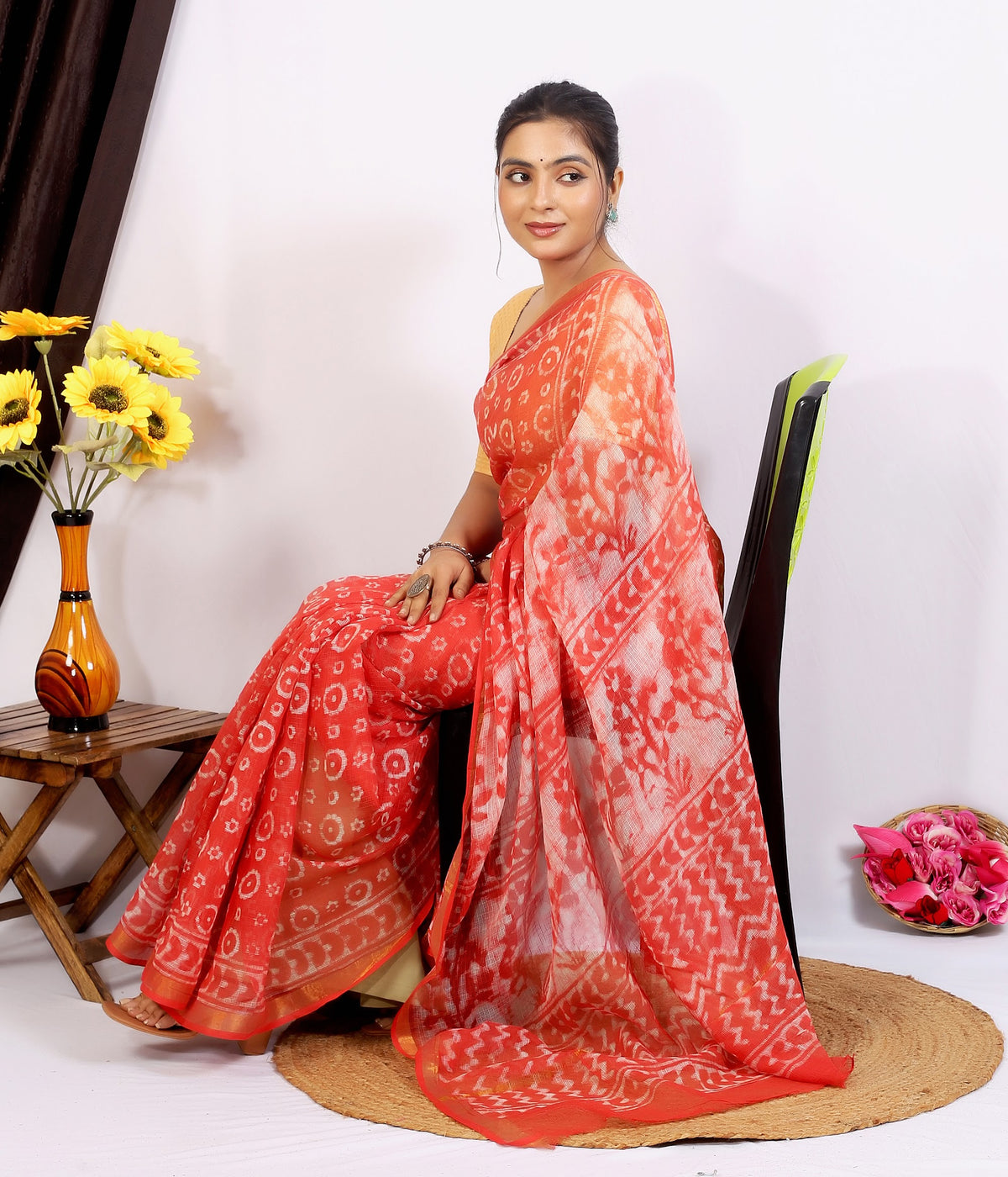 Orange Coral Jaal Kota Doria bagru hand block print saree with blouse – orange coral – wholesale Jaipur – view 3