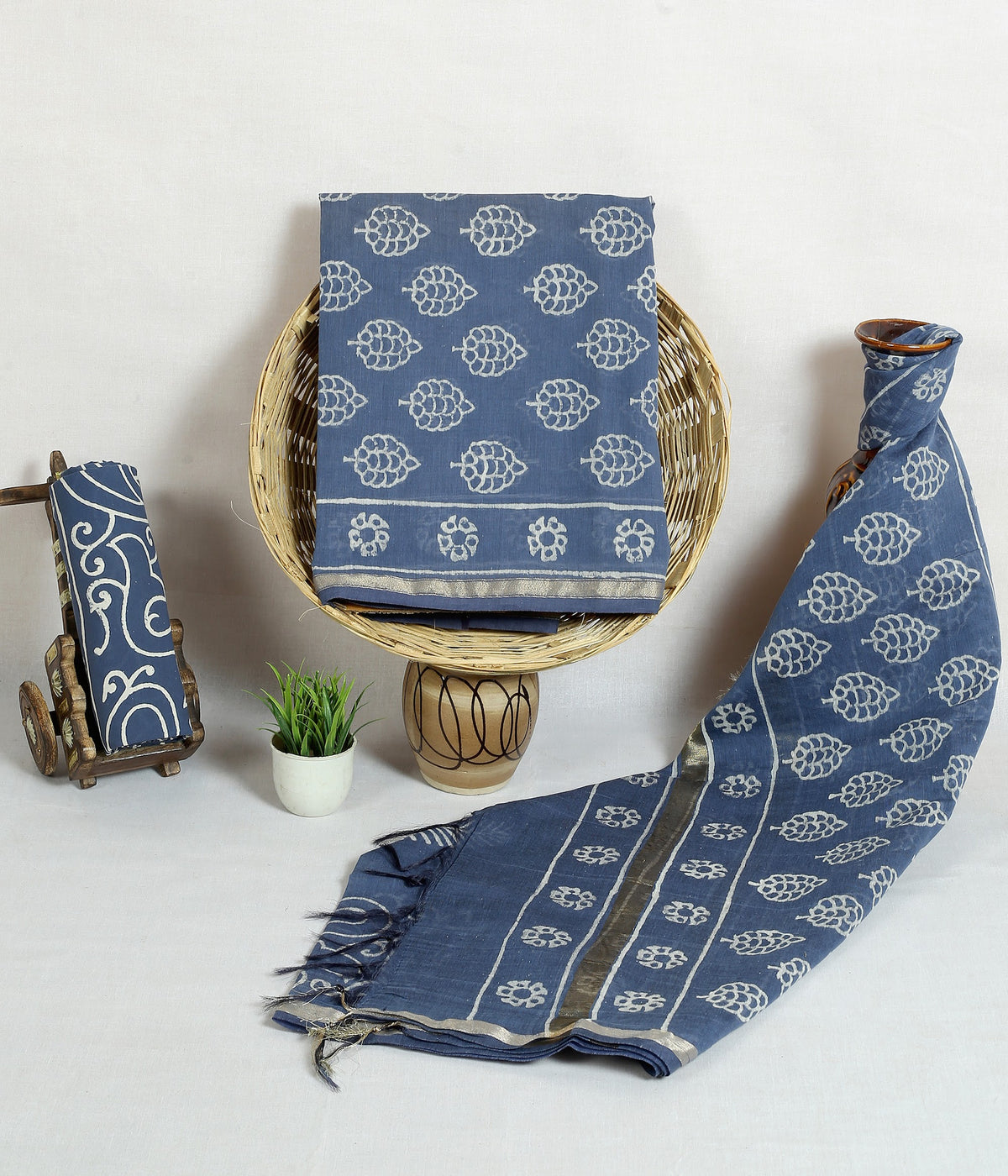 Neela Patta Slate Blue Leaf Buta Chanderi silk hand block print suit material