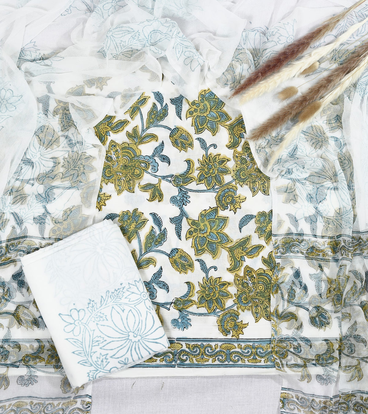 Gulnaar Olive Blue Floral Hand Block Print Cotton Suit with Chiffon Dupatta – Unstitched 3 Piece Suit Material 1EVwl95zF2XZTqFD27c5PN96K0DruV8df_w2000