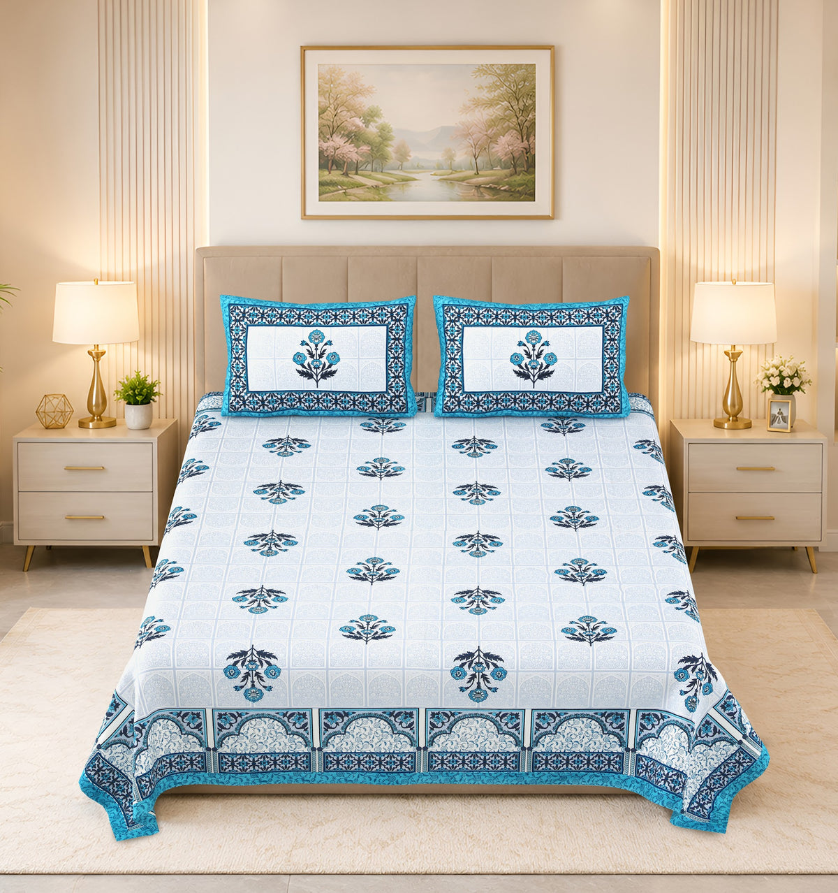 Kalashree Teal Mughal Panel premium cotton double bedsheet 100x108 with 2 pillow covers – teal – wholesale Jaipur – view 4