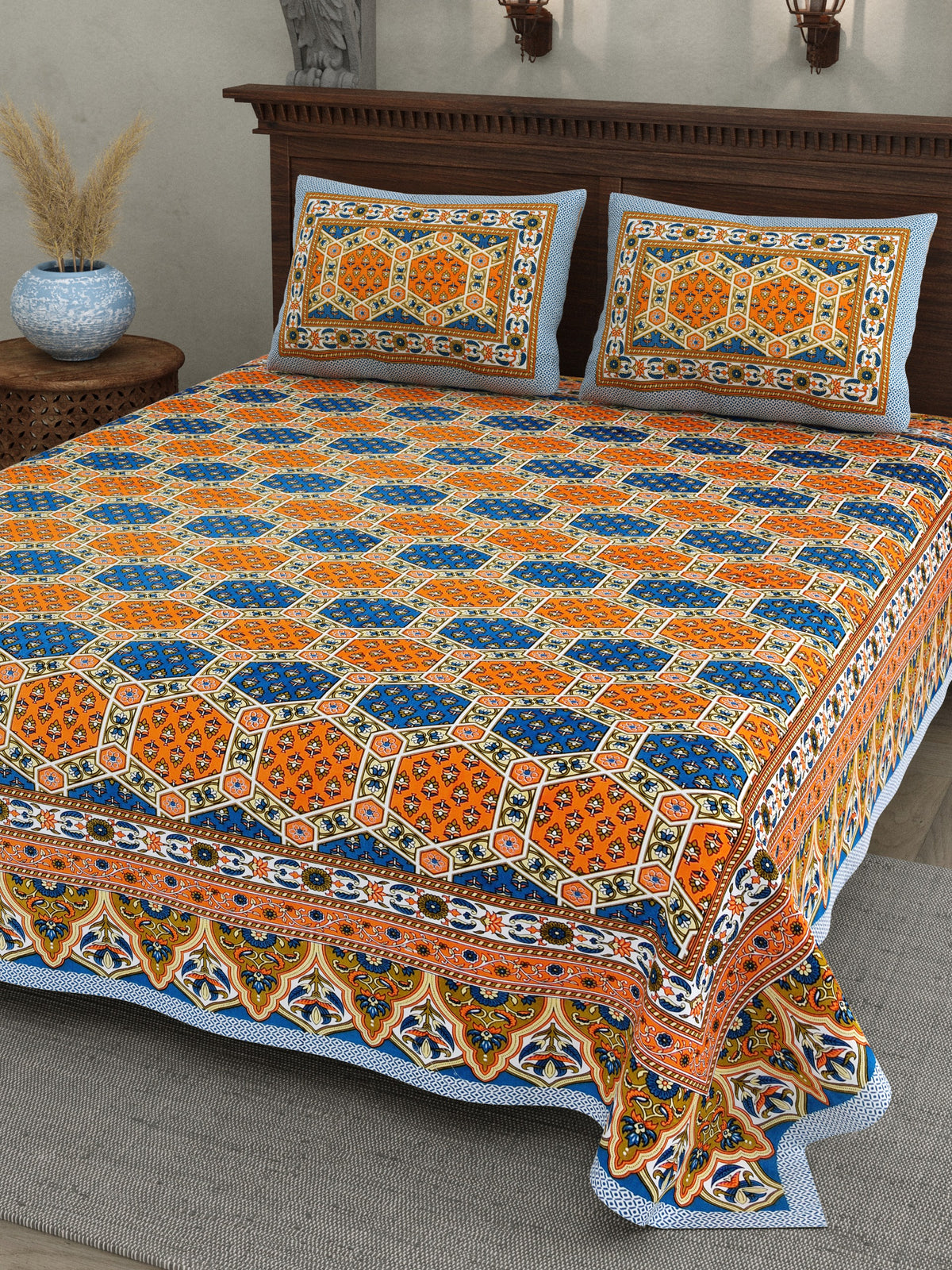Kesar Orange Hexagon Cotton Double Bedsheet 90x108 with 2 Pillow Covers Bedsheet 1En-bhR346VSDJbFTwtPndUHINakF6ztO_w2000