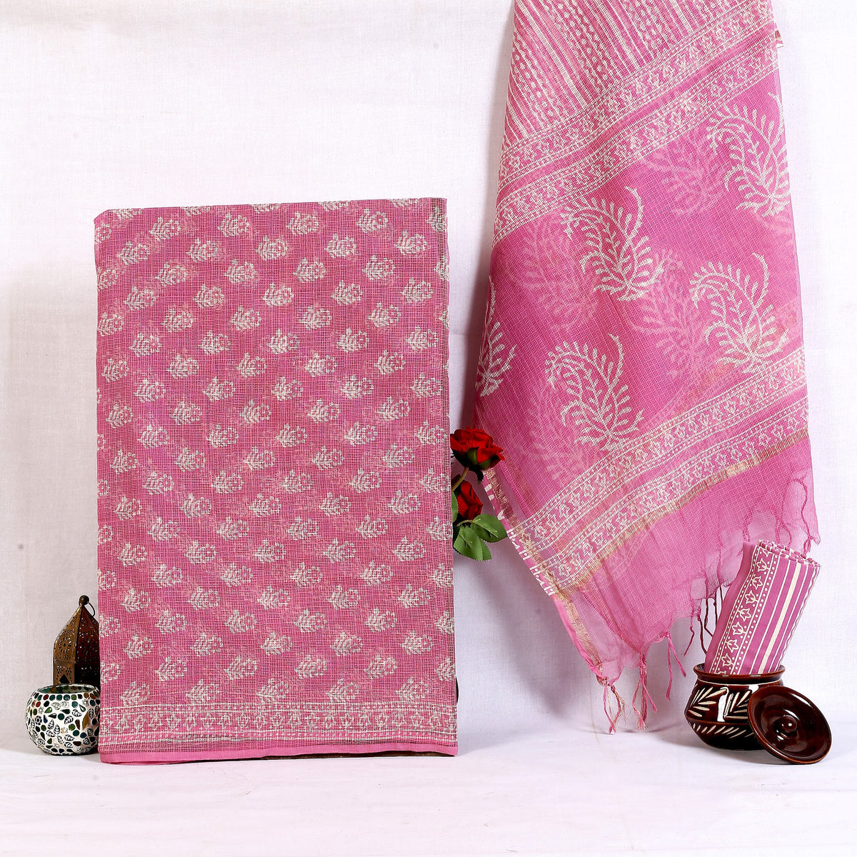 Pink Paisley Buta Hand Block Print Pure Kota Doria Suit | Gulabi Kairi Buta | Unstitched 3 Piece (Top & Dupatta Kota) | Wholesale Suit Material 1EuLBZabScM0hjA3-UFUgByk5lL0YCXOZ_w2000