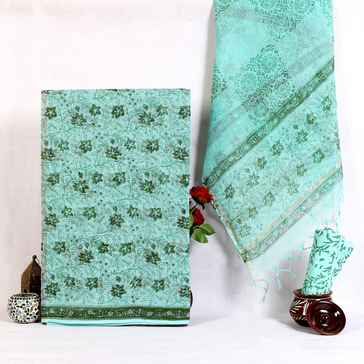 Mint Floral Buta Hand Block Print Pure Kota Doria Suit | Pudina Phool Buta | Unstitched 3 Piece (Top & Dupatta Kota) | Wholesale Suit Material 1F5tiaHJkOJSNYQp11p_zaPB3Nq-tjZyw_w2000
