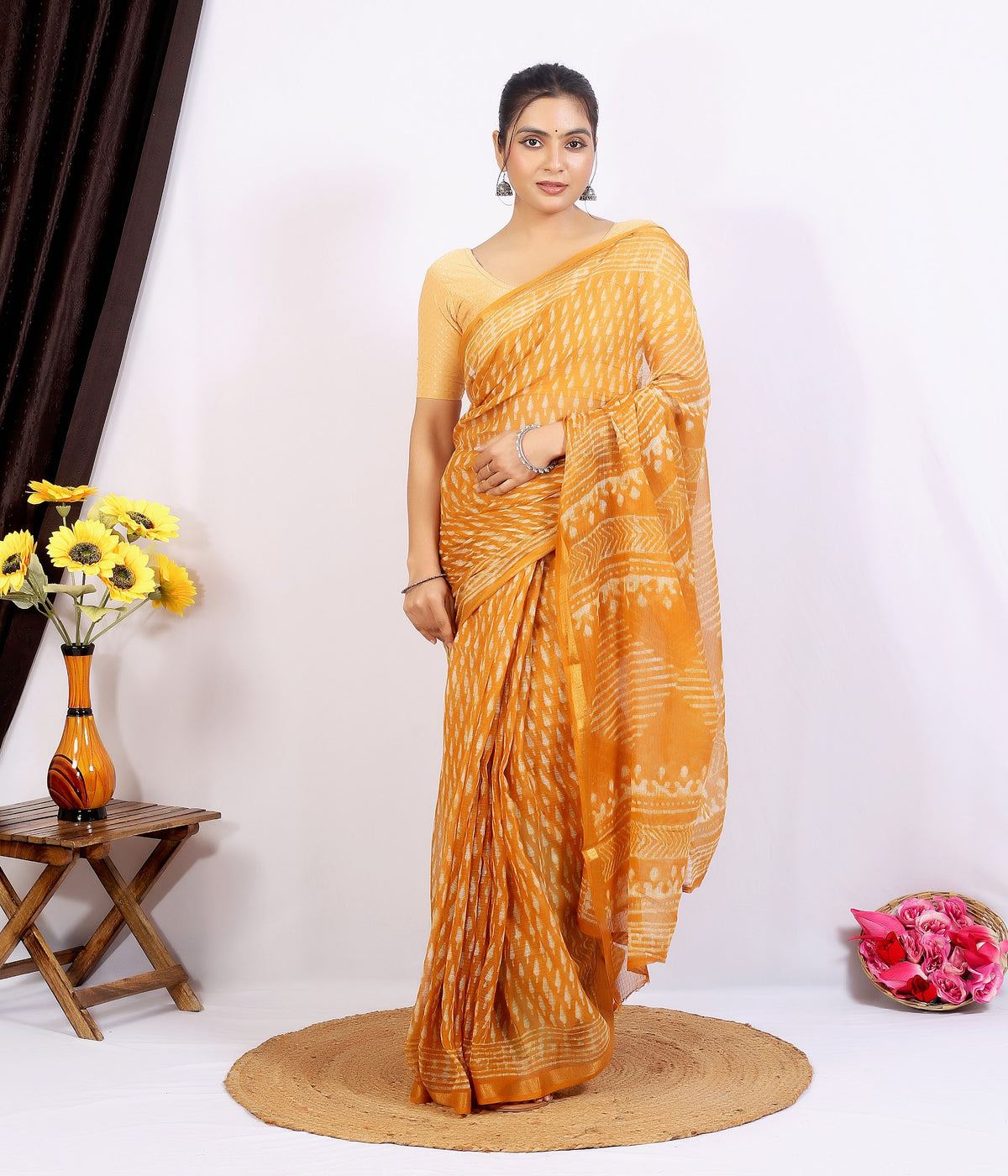 Mustard Bagru Buti Kota Doria bagru hand block print saree with blouse – mustard yellow – wholesale Jaipur