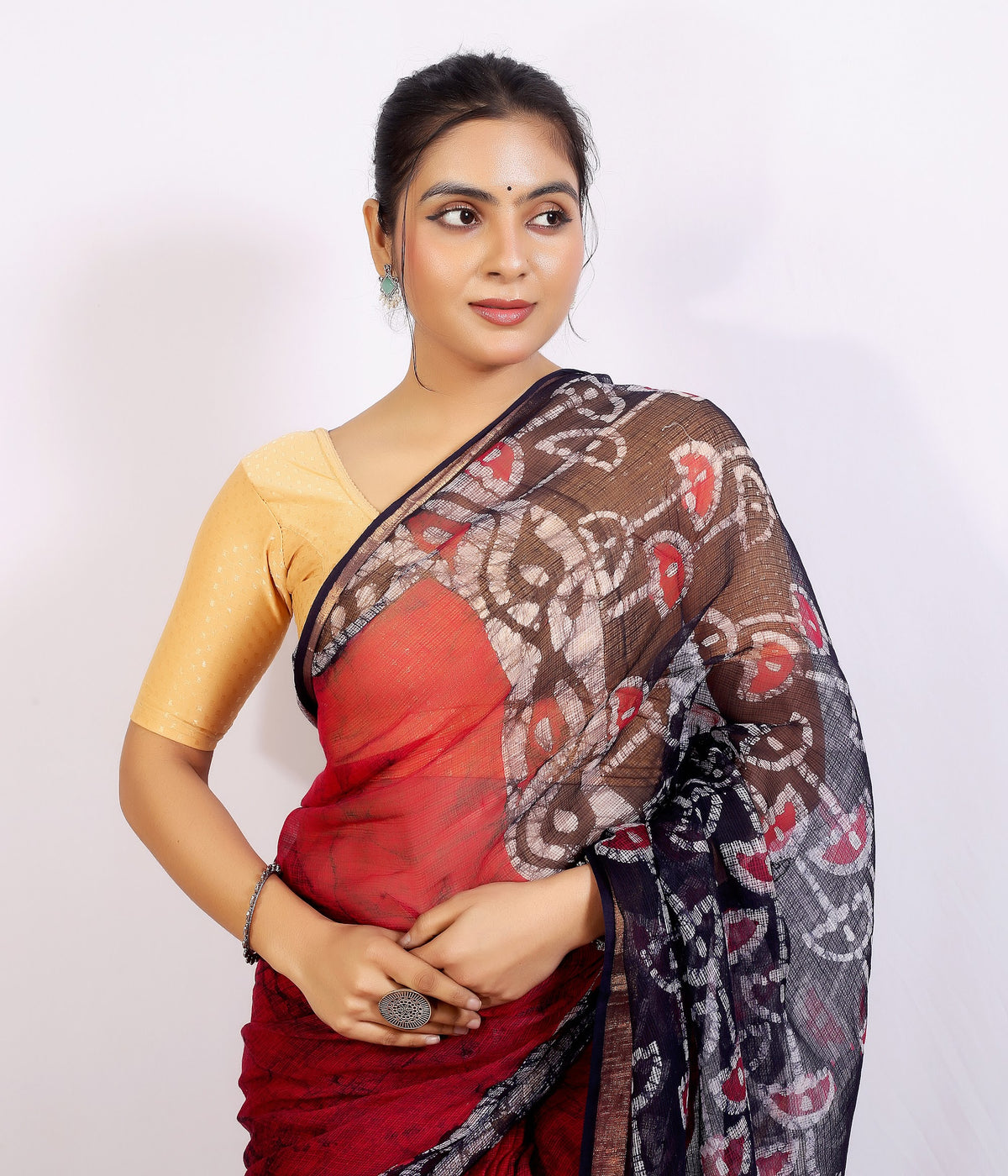 Maroon Black Pallu Kota Doria bagru hand block print saree with blouse – maroon and black – wholesale Jaipur – view 2