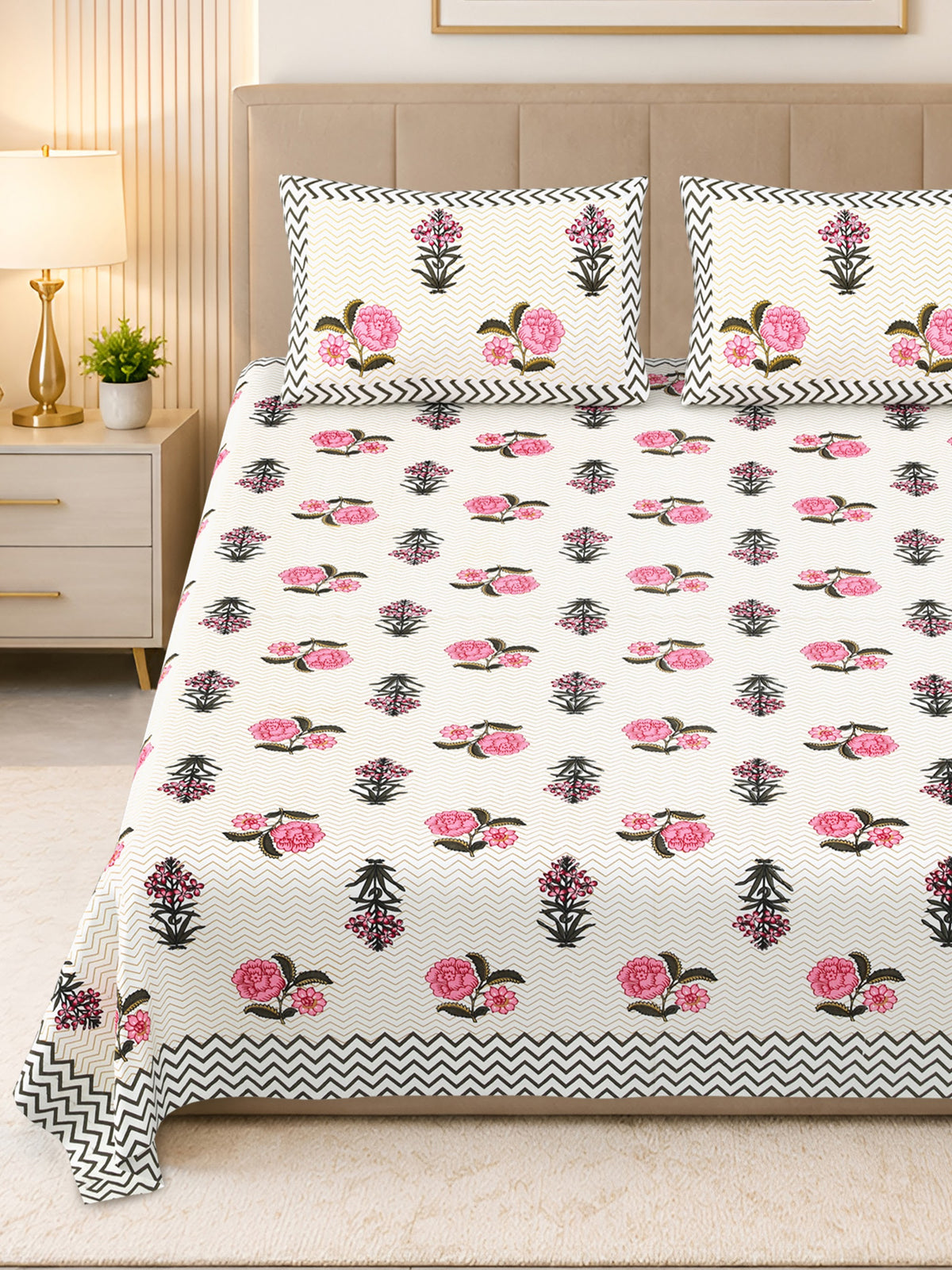 Kalashree Pink Rose Chevron premium cotton double bedsheet 100x108 with 2 pillow covers – pink – wholesale Jaipur – view 4