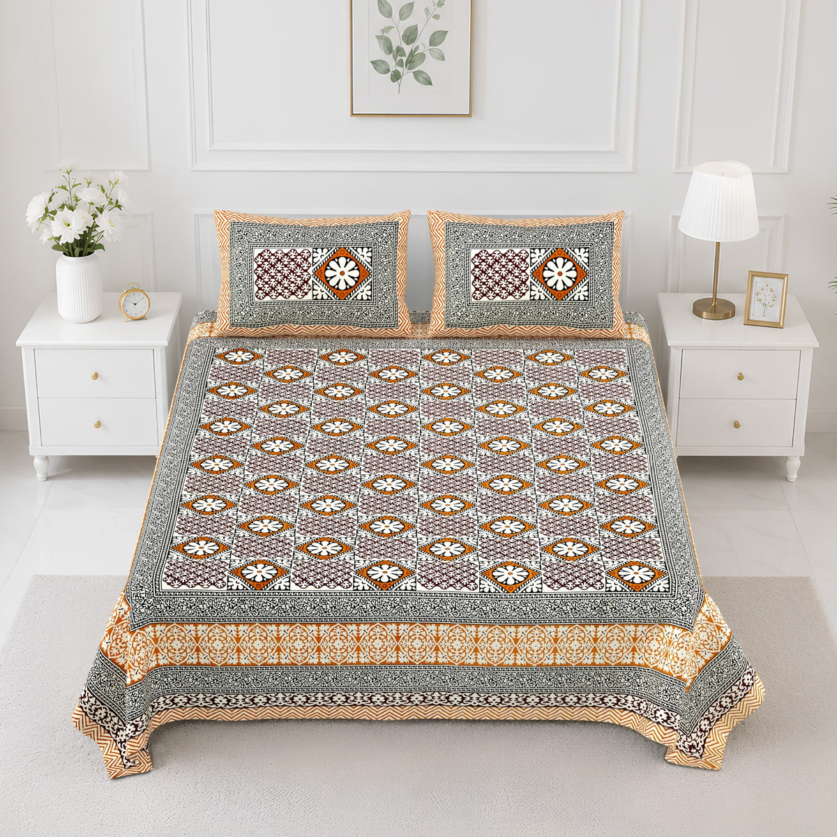 Elite Beige Diamond Medallion Cotton Double Bedsheet 90x108 with 2 Pillow Covers Bedsheet 1FnvZ6uhqMz31OZivjQuH-XxKDB3bpRls_w2000