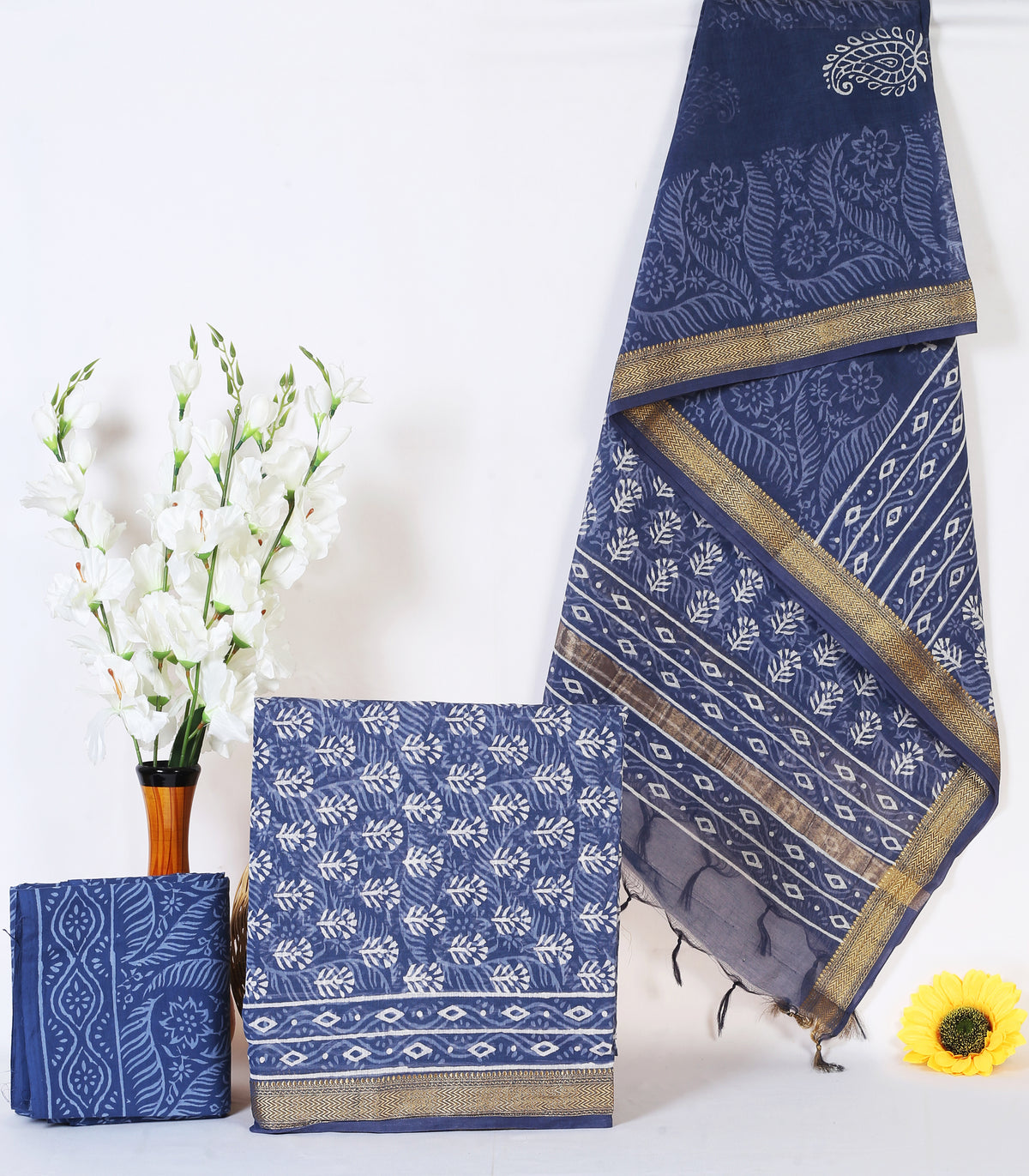 Neelam Bel indigo blue vine maheshwari silk hand block print suit material with zari border – wholesale Jaipur