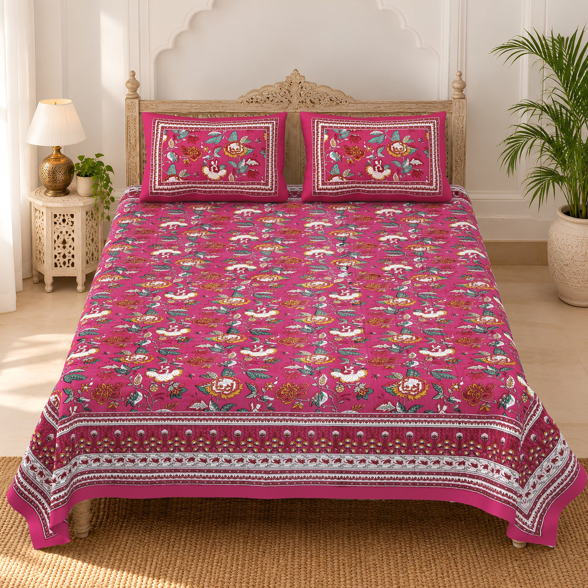 Rani Pink Gulzar Floral pure cotton double bedsheet 90x108 – Unnati collection