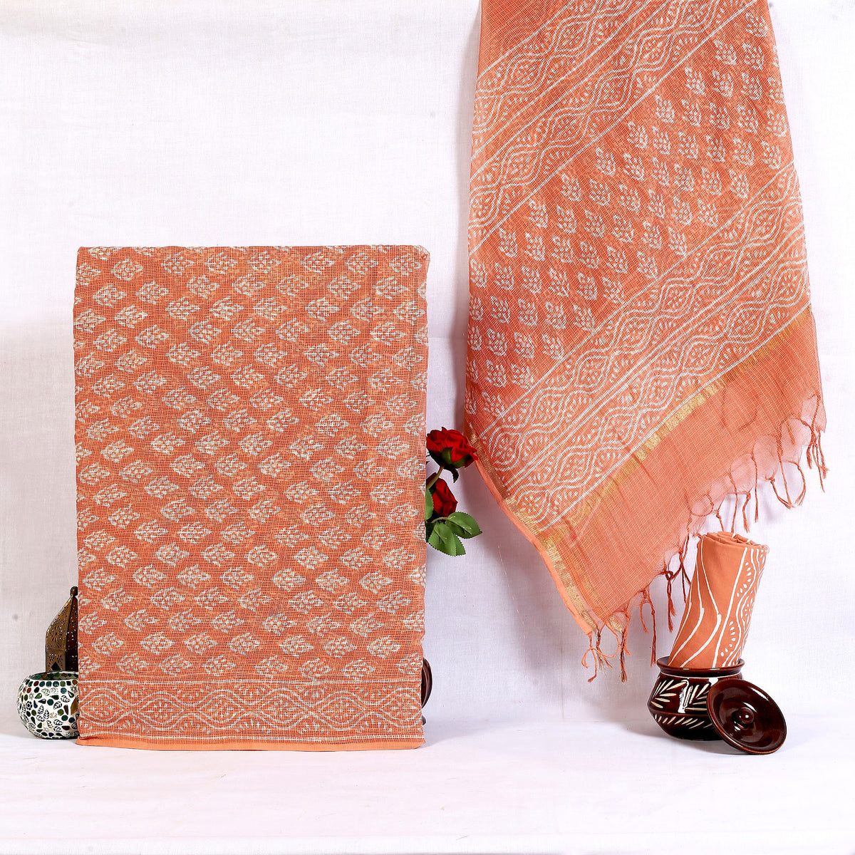 Peach Buta Hand Block Print Pure Kota Doria Suit | Aadoo Kota Buta | Unstitched 3 Piece (Top & Dupatta Kota) | Wholesale Suit Material 1G4adKewvvwXlpKcwnZuQReiZ1cHimWqt_w2000