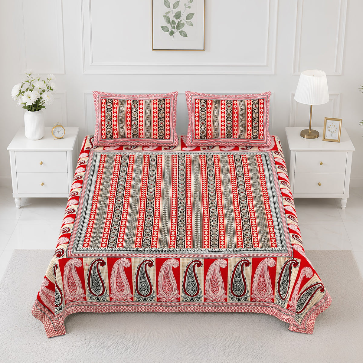 Elite Red Stripe Paisley Cotton Double Bedsheet 90x108 with 2 Pillow Covers Bedsheet 1GIt_3SU-9LAA9ZrCHuNBfOKWKqqR_1PT_w2000