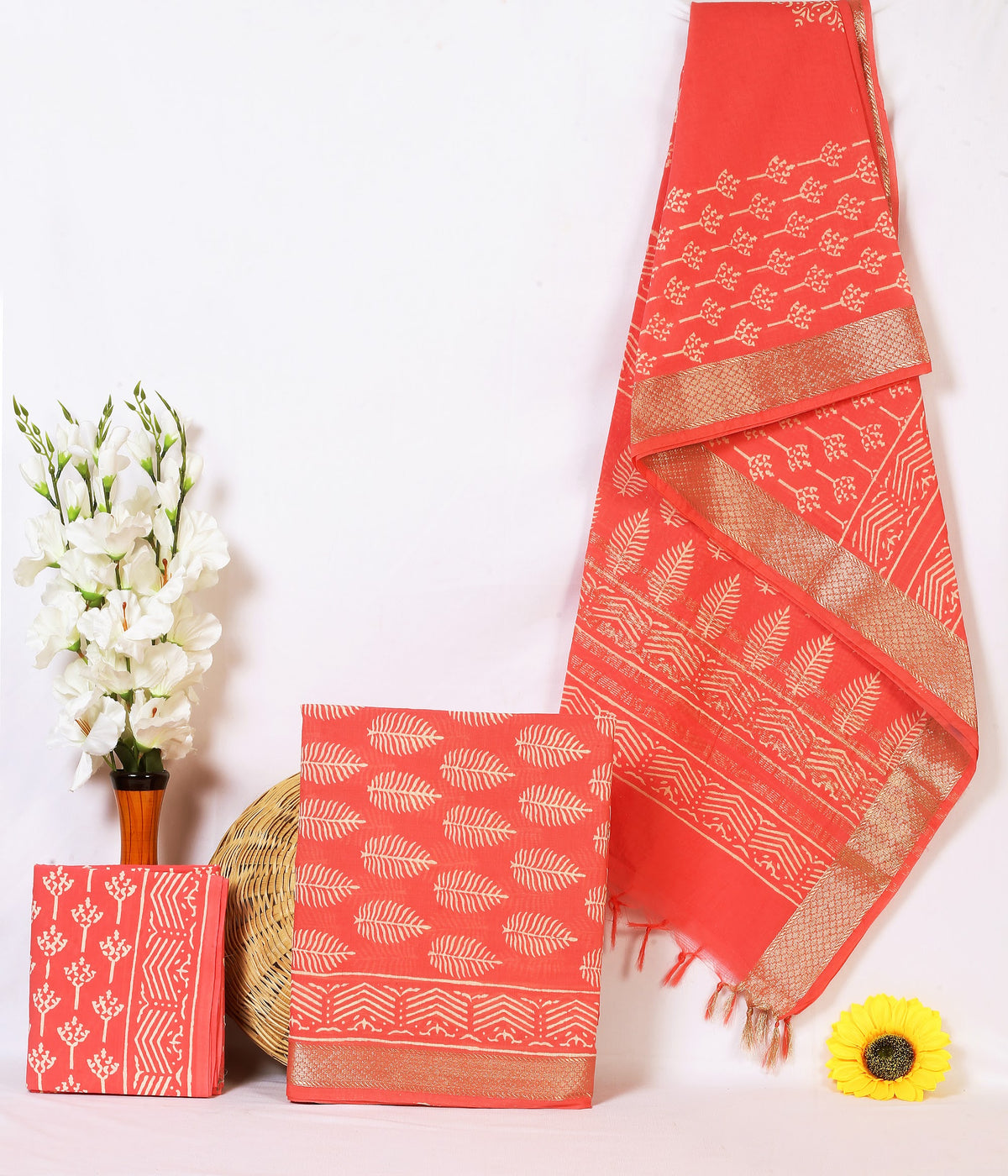 Maheshwari Silk Hand Block Print Suit Material | Moonga Patti – Coral Leaf Buta | Coral | Golden Zari Border | Wholesale Suit Material 1GXpy5lMZoqBKarS50ooq93fpuHJx19um_w2000