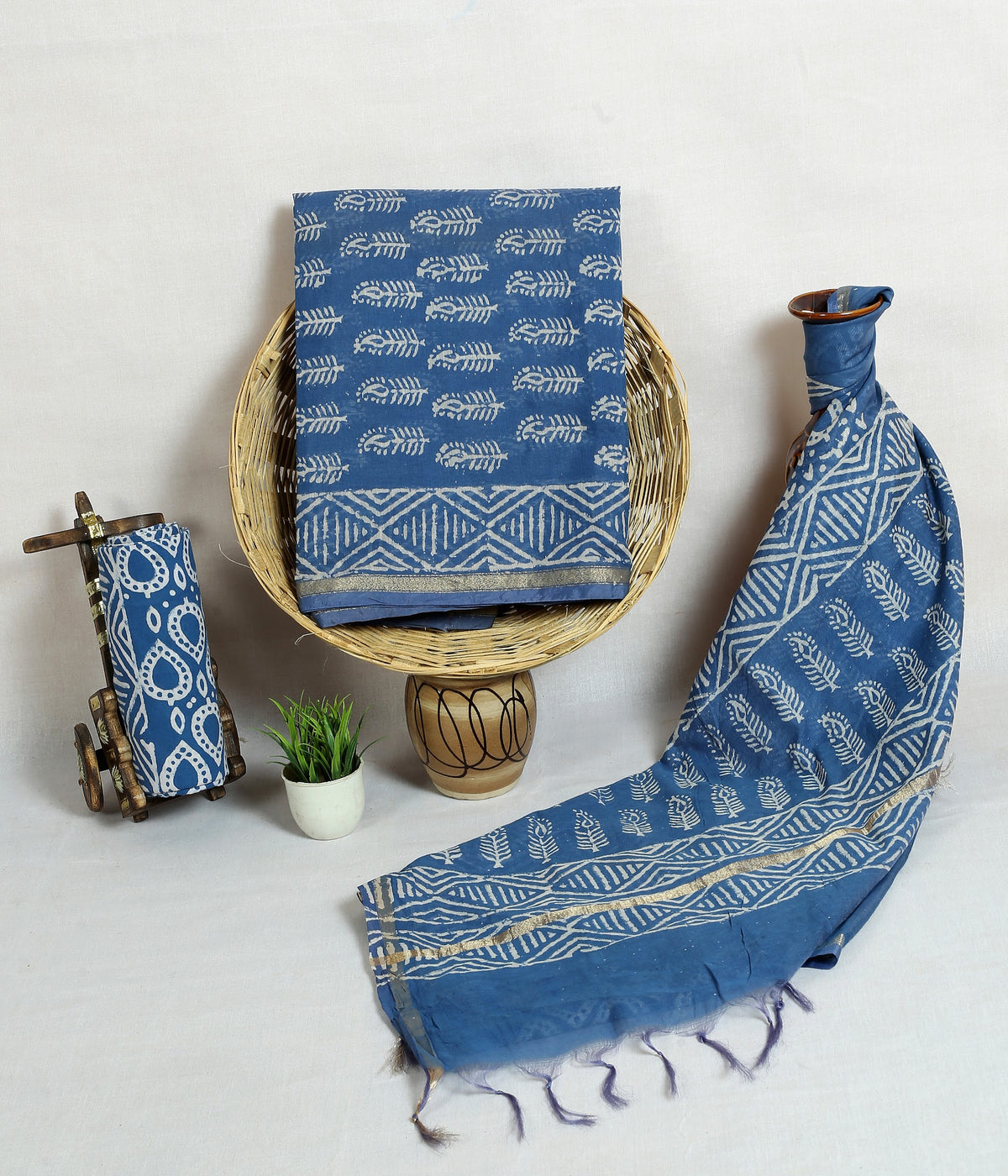Neel Jeans Buta Denim Blue Buta Chanderi silk hand block print suit material