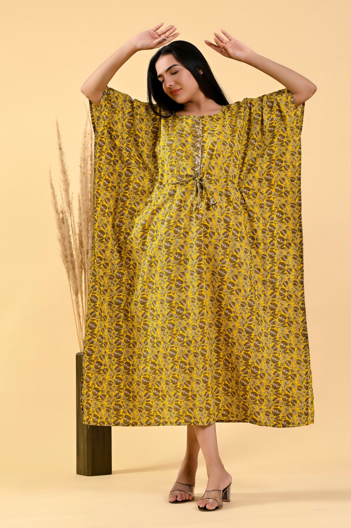 Mustard Buta long kaftan – make to order wholesale – view 3