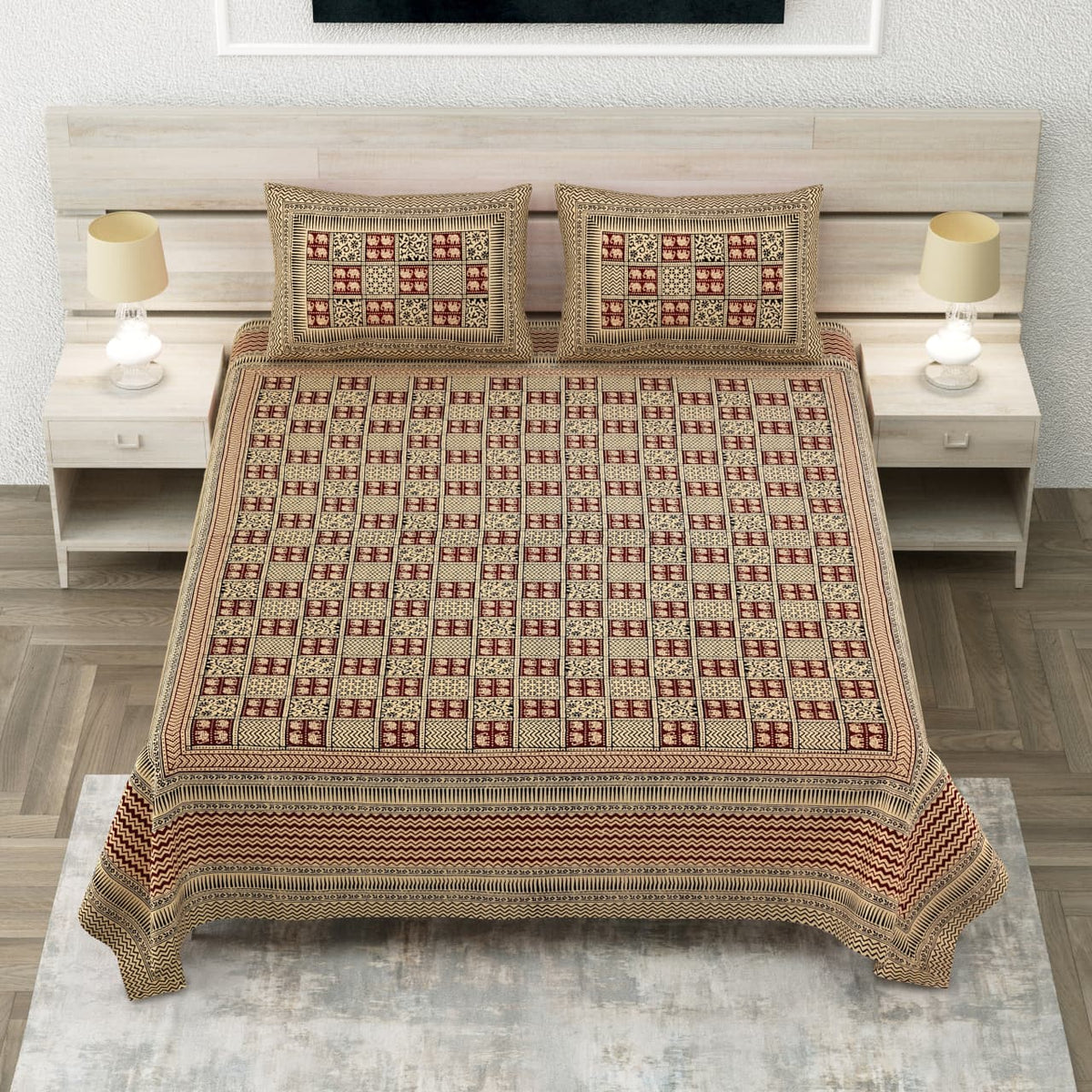 Royal Sanganer Beige Maroon Chowkdi Pure Cotton Double Bedsheet 90x108 with 2 Pillow Covers Bedsheet 1Gb0Ug_hLeedmkJOiqFqIYn3x1Jgcv688_w2000
