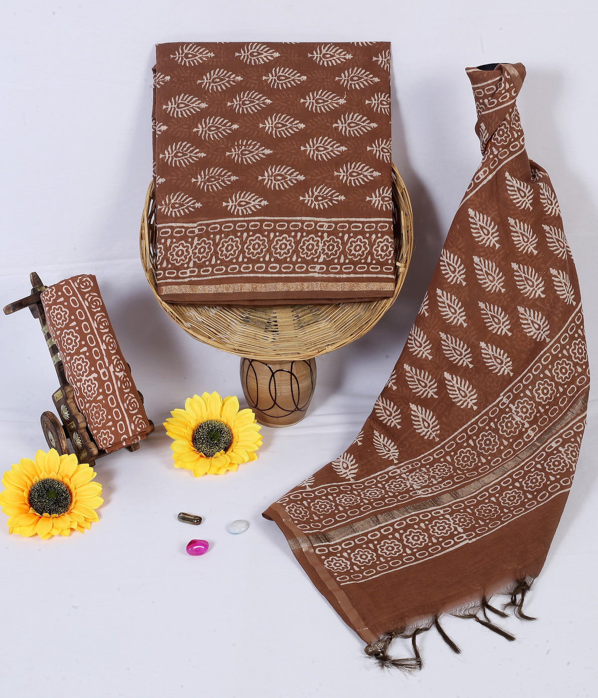 Kattha Patta Buta Brown Leaf Buta Chanderi silk hand block print suit material