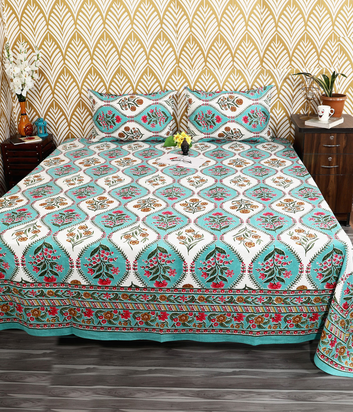 Bagru Mahal Teal Mughal Arch Cotton King Size Bedsheet 108x108 with 2 Pillow Covers Bedsheet 1GvllbiXQd00ixNAxL7y2GvgfEYGOTSLS_w2000