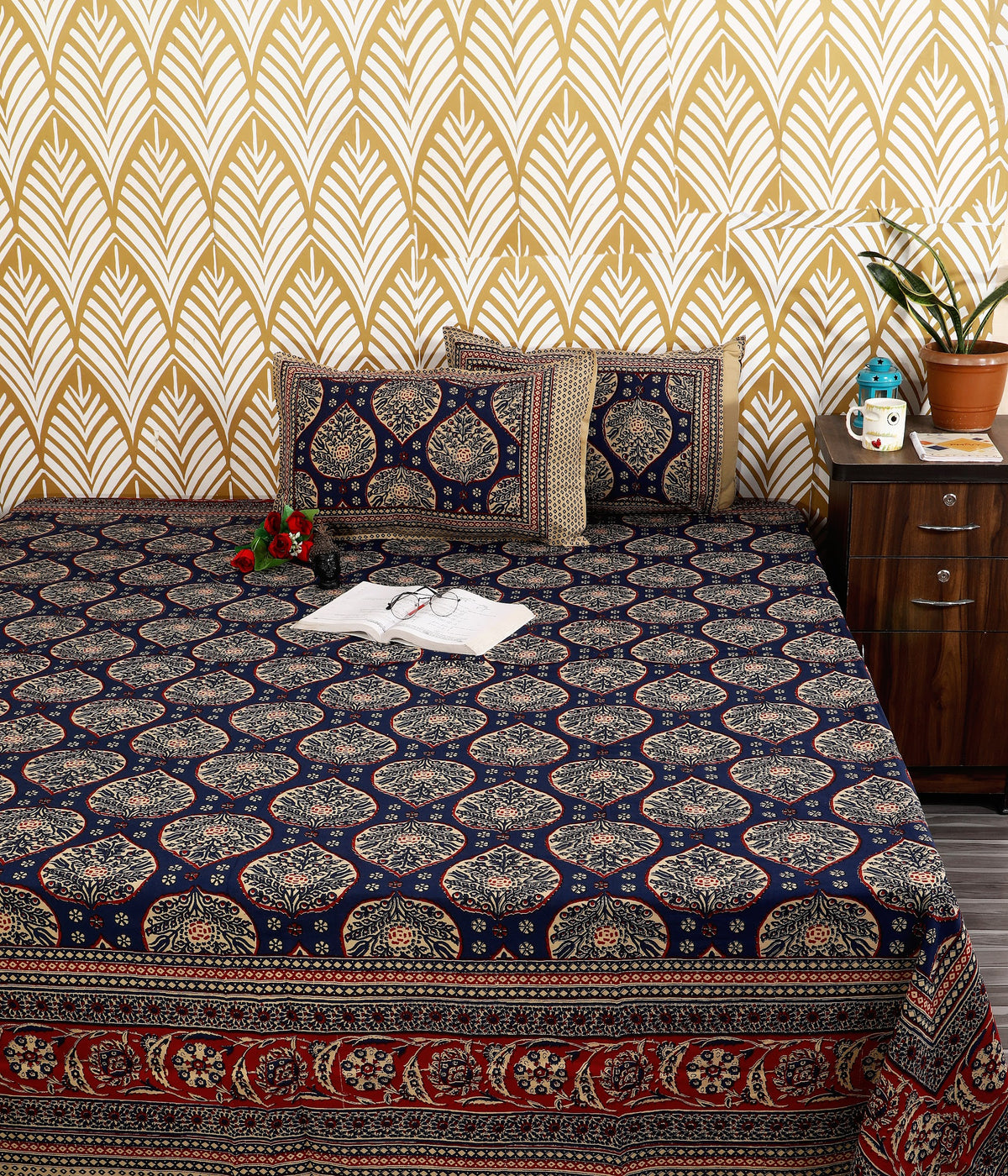 Bagru Mahal Navy Mughal Medallion Cotton King Size Bedsheet 108x108 with 2 Pillow Covers Bedsheet 1Hf6_XGsKEChC8-eO2sYb7MWQA0qVO6cb_w2000