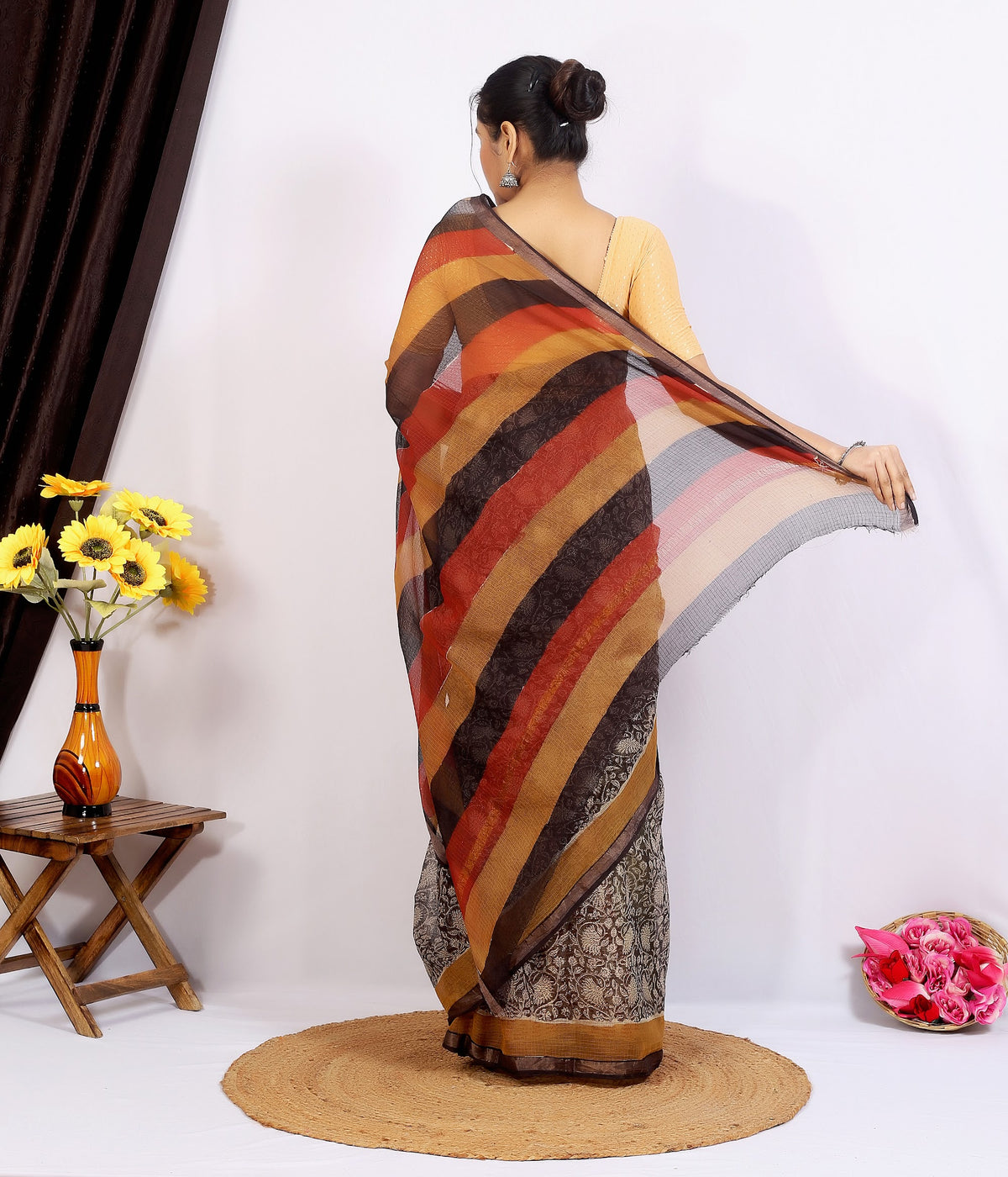 Black Rust Stripe Pallu Kota Doria Hand Block Print Saree with Blouse Saree 1HqEOYOOe3VHN27yeJBKkvOEahJcnFWAb_w2000