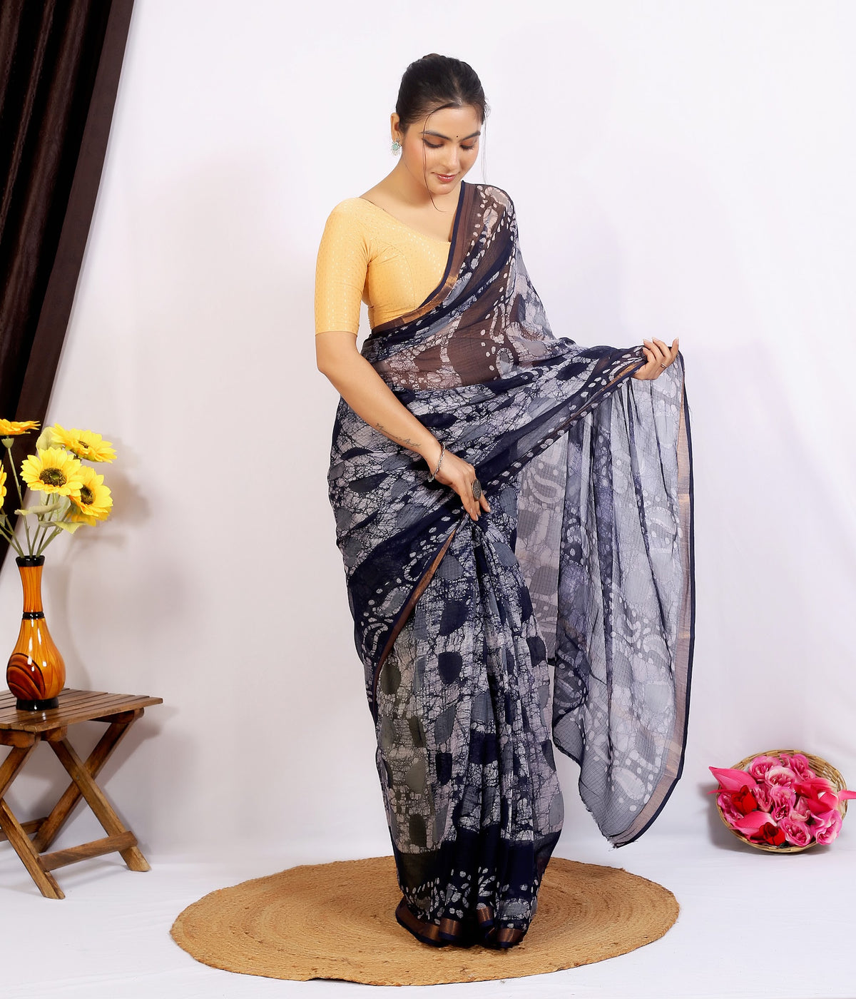 Charcoal Floral Dabu Kota Doria Hand Block Print Saree with Blouse Saree 1ICx_iy9ReaN6pDM7vol2hNRgBB5KHlgJ_w2000